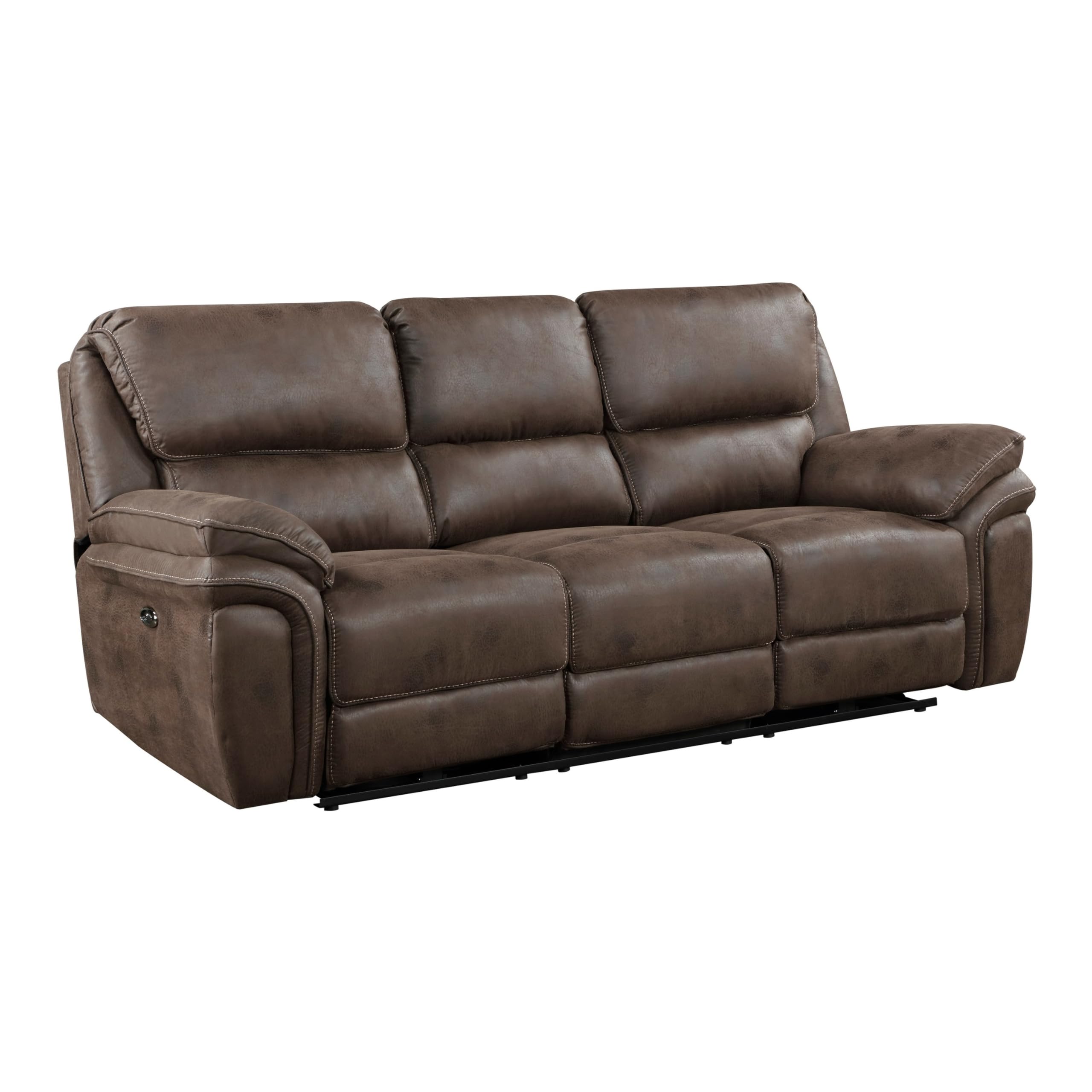 Benjara Tony 90 Inch Power Double Recliner Sofa, USB Charging Port Brown Microfiber