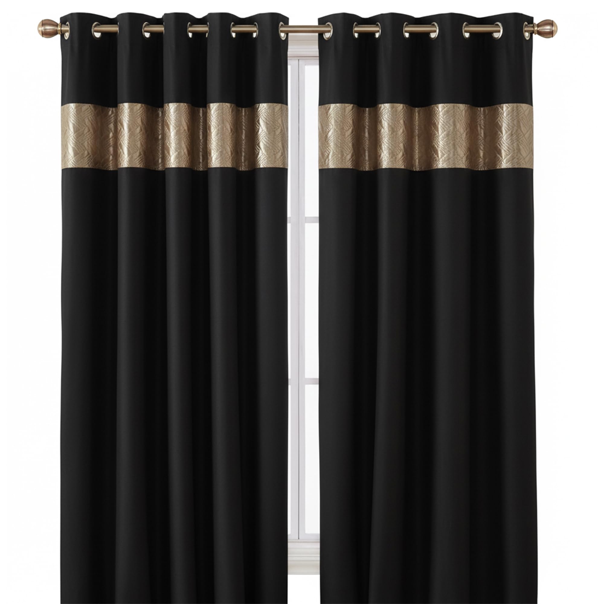 Rapport Home Capri Black Gold Eyelet Curtains Pair - 66" W x 72" D (132" Total Width) - Thermal Room Darkening Polyester Drapes for Bedroom Living Room