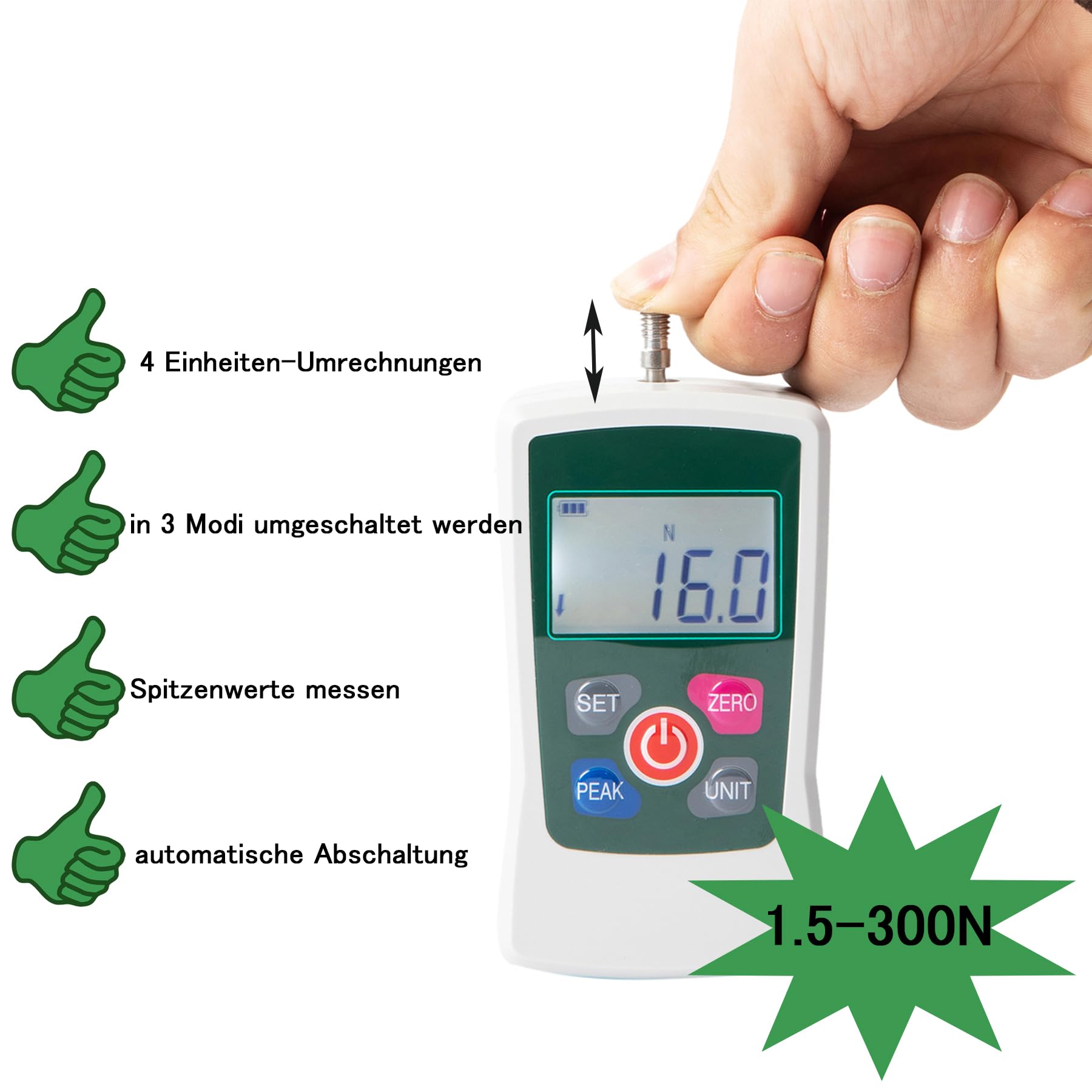 Beslands AMF-300 Digitales Kraftmessgerät 300N Tragbares Druck- und Zugmessgerät Digitales Kraftmesser