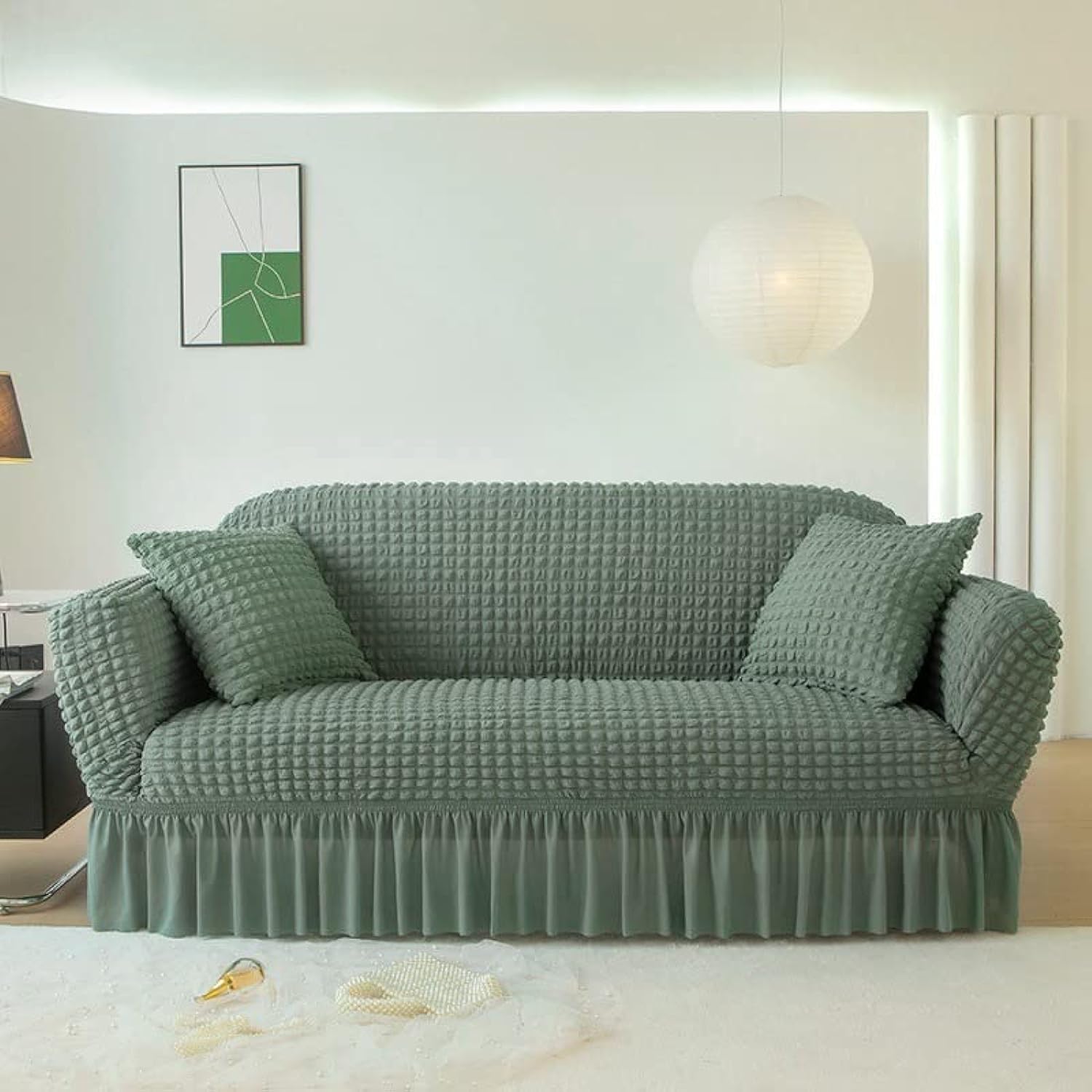 FUSU Universal Sofa Slipcover For 1/2/3/4 Seater Sofa, 1 Piece Durable Washable High Elastic Stretchable, Easy Fit Universal Furniture Protector, For Living Room Bed Room (Four Seats, Sage Green)