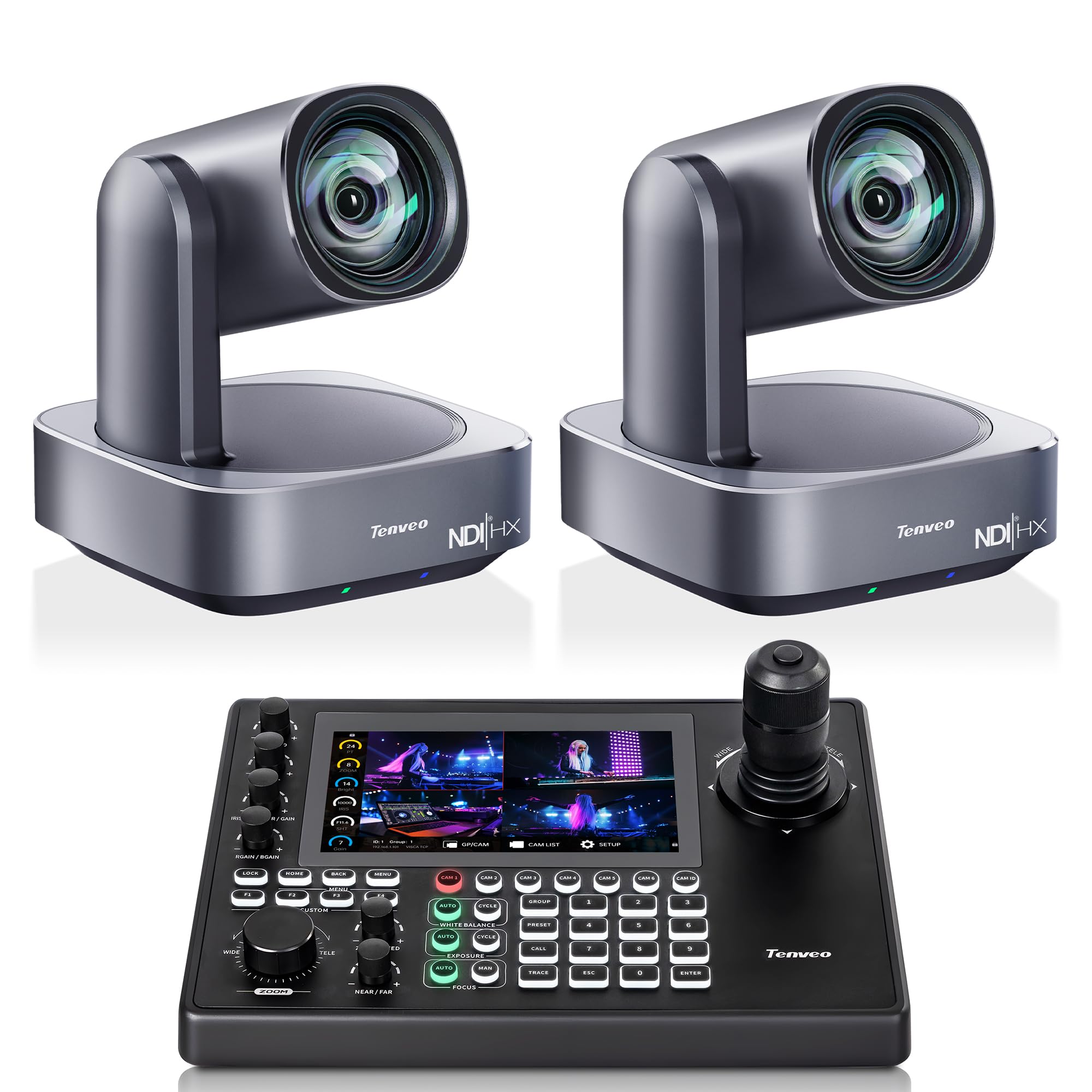 Tenveo 4K PTZ Cámara con NDI y Seguimiento por IA – Zoom Óptico 12x, USB3.0/HDMI/PoE, para Transmisión en Vivo (OBS/vMix), Iglesias（VL12U-AI-N*2）+ Controlador NDI|HX3 PTZ