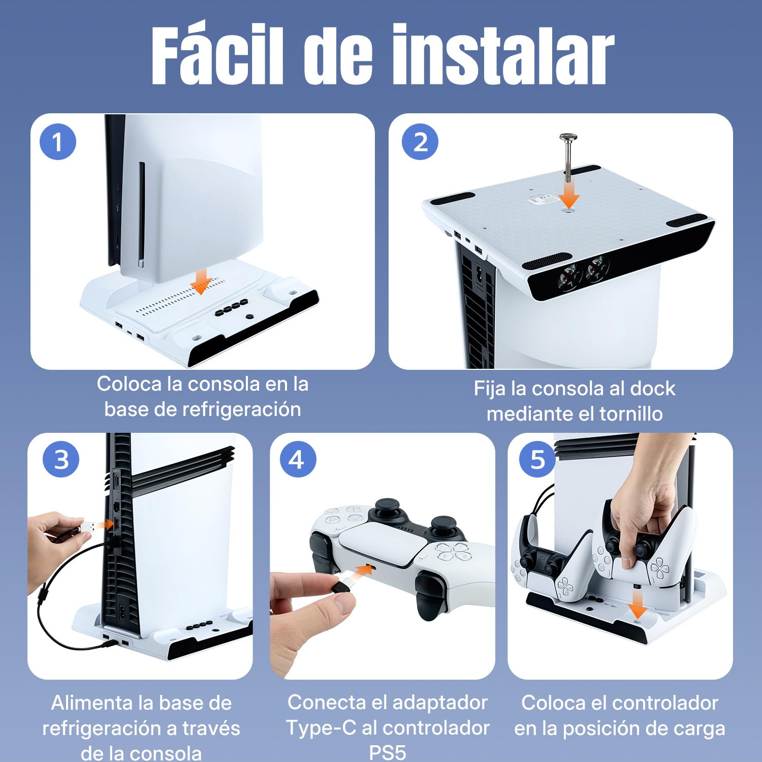 Wigearss Soporte Vertical para PS5/PS5 Slim/PS5 Pro con Ventiladores de Refrigeración, Estación de Carga para Dos Mandos, Ventilador de Enfriamiento con 3 Niveles Ajustables