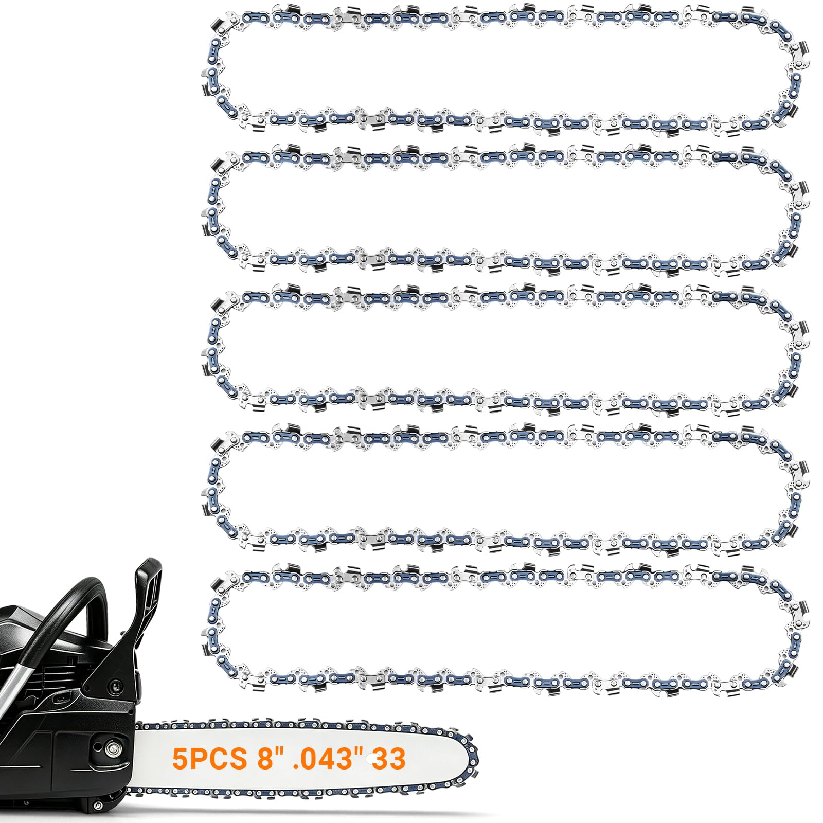 5‑Pack 8 Inch (20cm) 3/8" LP 043‑33 Links Chainsaw Chain, Low‑Kickback Design. Heavy‑Duty Steel‑Built Replacement Chain Fits Ryobi OPP1820, Bosch and UniversalChain18 for Garden Branch Pruning.