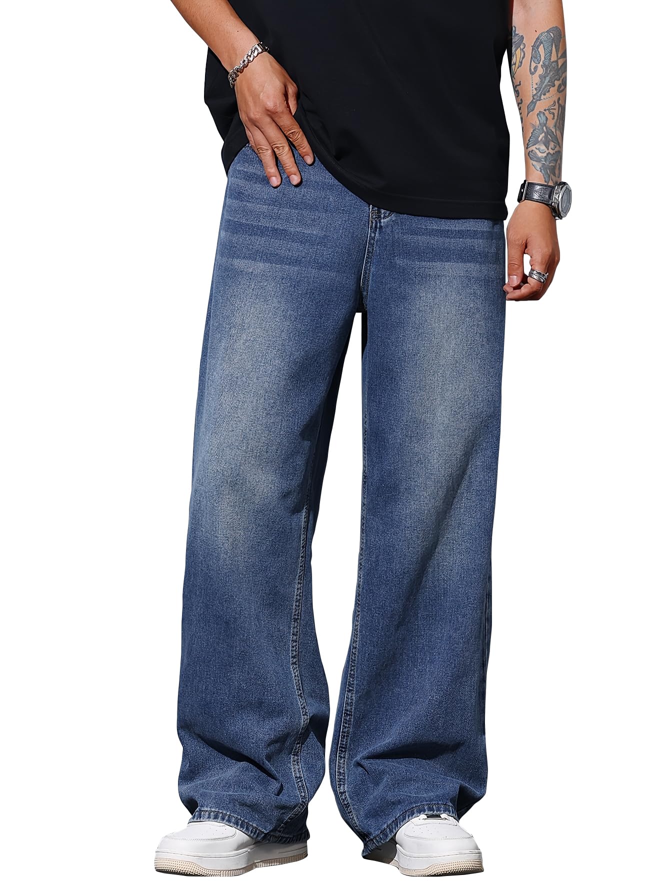 Men's Baggy Fit Jeans– Solid Washed Denim Straight Wide-Leg | Streetwear Casual Dailywear Pants for Men | Trendy Loose-Fit Mid-Waist Denim Trousers (Jeans 247)