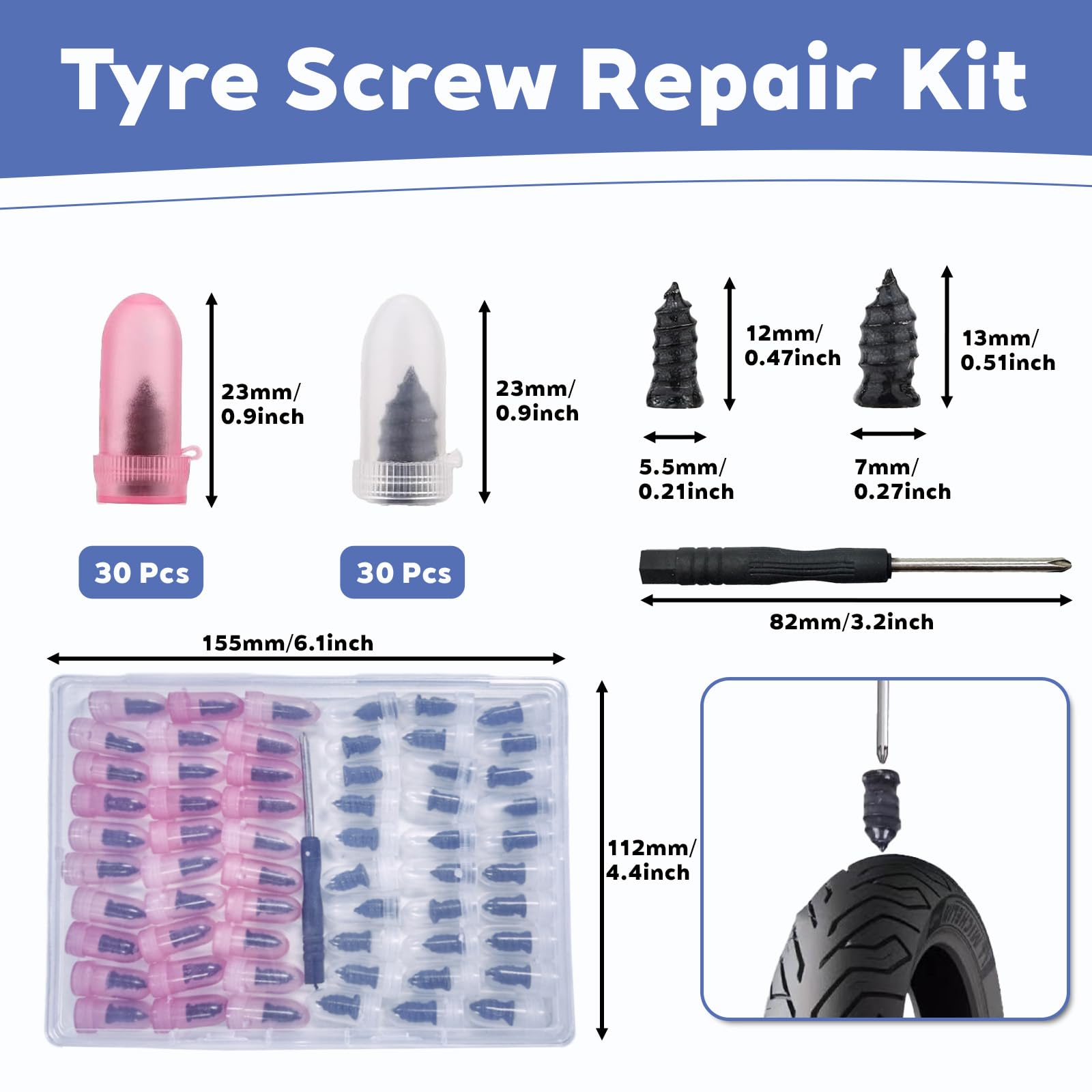 60 Pcs Tire Plugs 2 Sizes (30S/30L), Rubber Coated Emergency Tire Repair Kit with Screwdriver & 2 Color Protective Cases for Motorcycle Auto Car Truck Tractor - 2