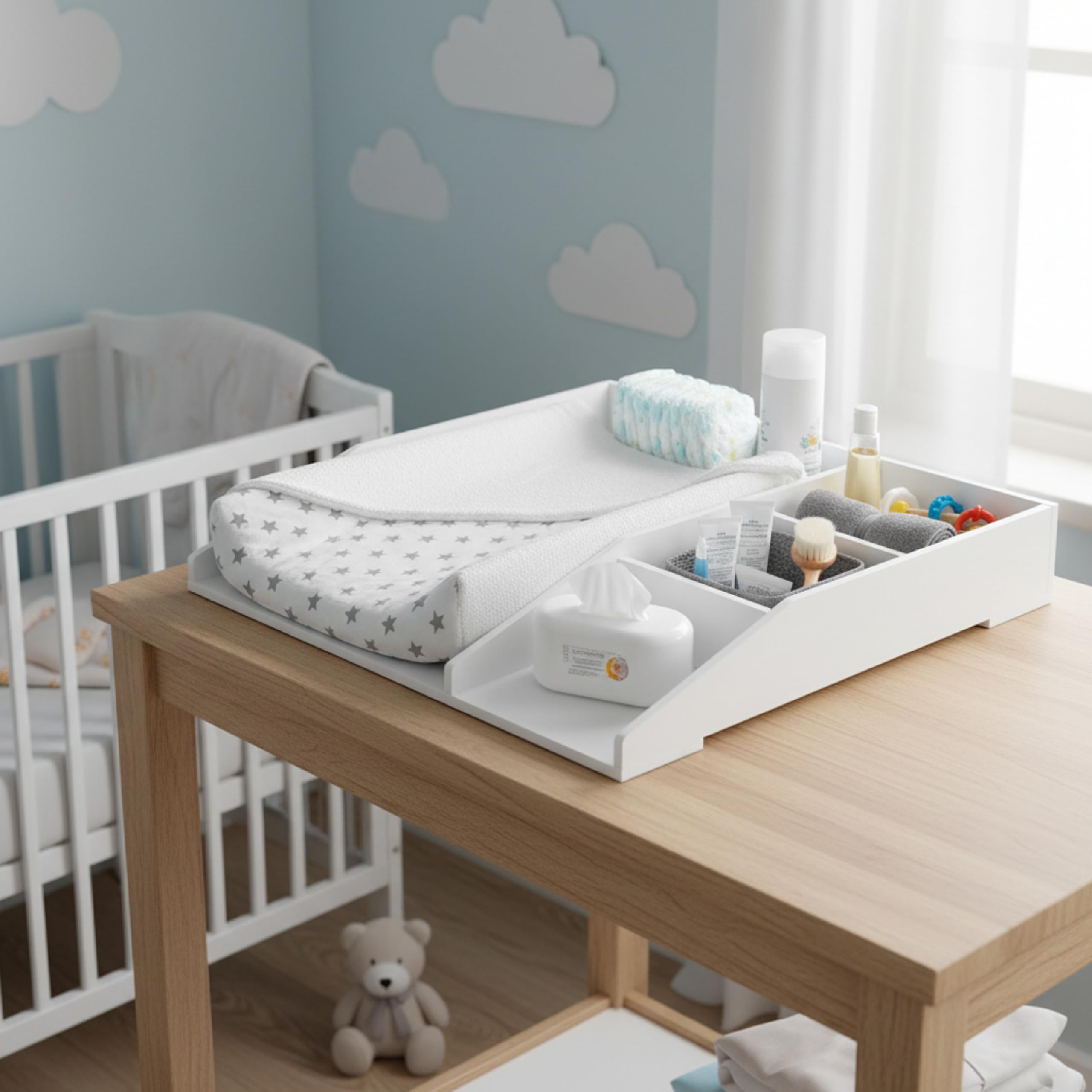 Baroni Home Fasciatoio da Appoggio Bianco, Mobile Cambio Neonato 4 Scomparti, Plastic Wood, 80x74,5x126 cm