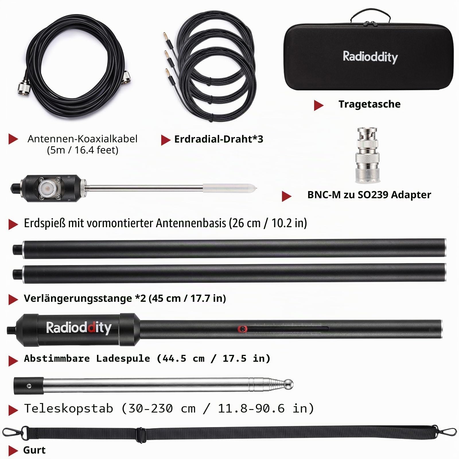 Radioddity HF-009 Tragbare HF-Antenne, 5-50 MHz Schnellabstimmbare Vertikalantenne, SWR 1,0-1,5, Kompatibel mit Xiegu G90/X6100/X6200, Radioddity QT40/QT60/QT80, für HF-Transceiver und Mobilfunkgeräte