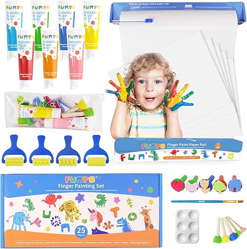 Funto Juego de pintura de dedos lavable para niños, 25 piezas de suministros de pintura artística no tóxicos para bebés, incluye rollo de papel de