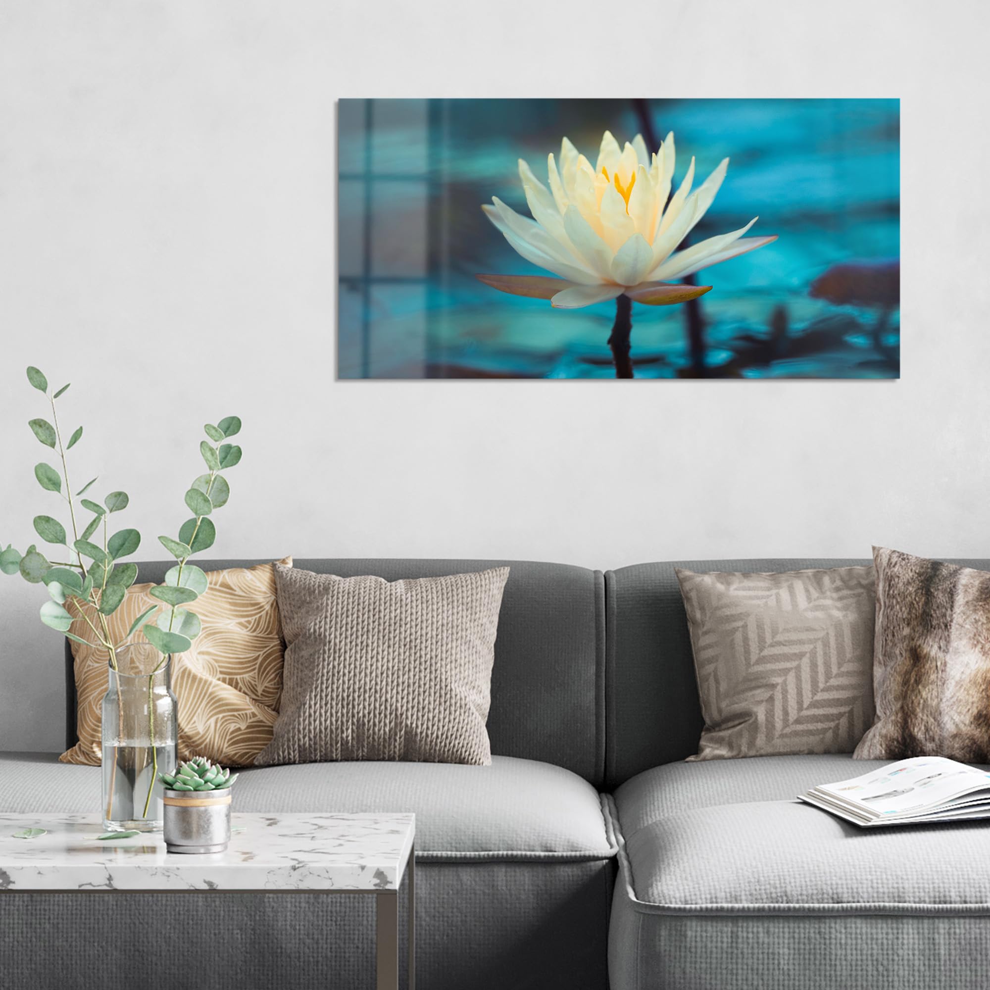 DEQORI Quadro in vetro vero | Motivo ninfee serenità | orizzontale unico pezzo 100 x 50 cm | bella decorazione da parete per soggiorno, camera da letto, corridoio e cucina | moderna decorazione da
