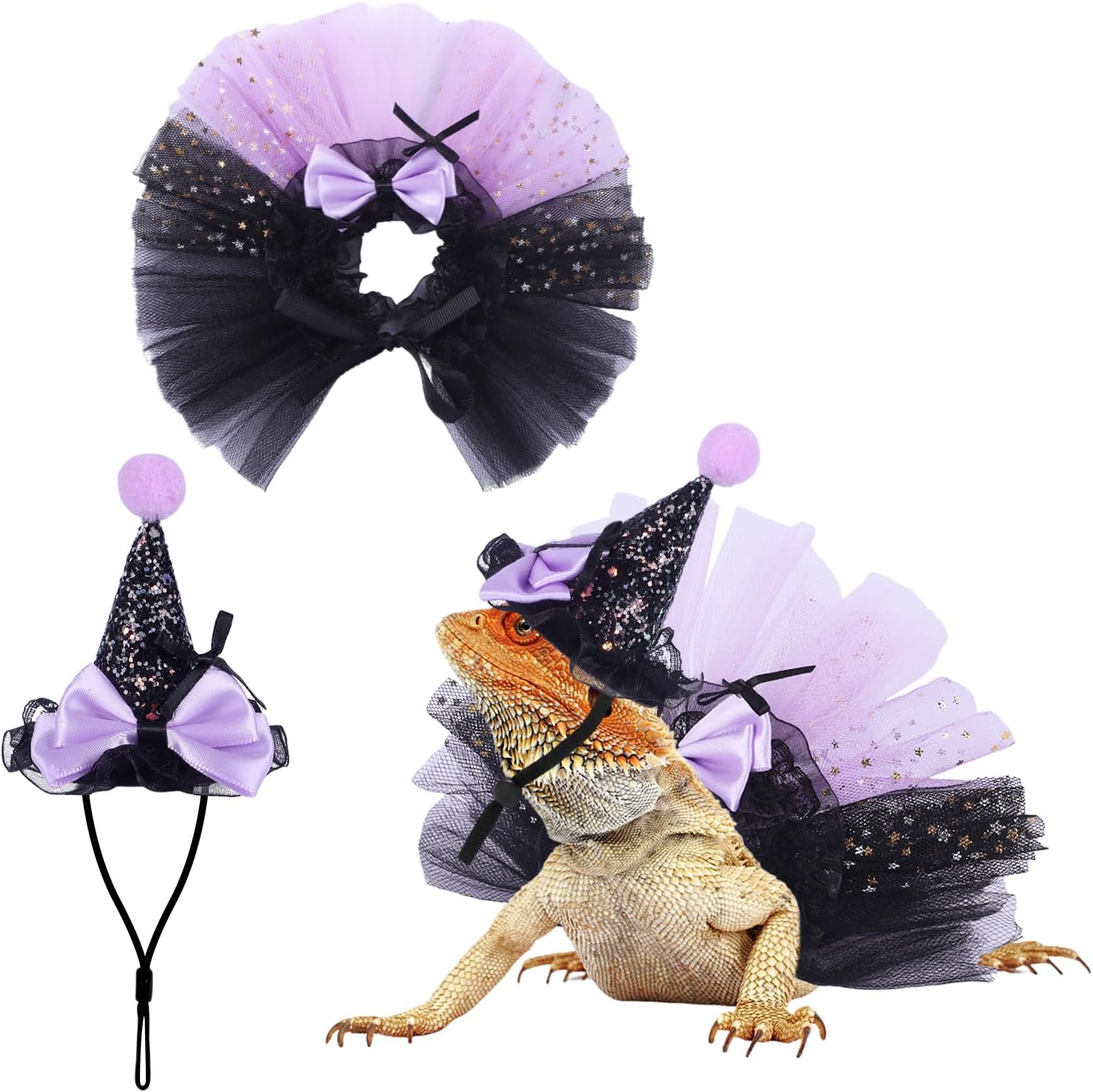 2Pcs Bearded Dragon Witch Costume Set Small Pet Adjustable Hat Bow Tutu Skirt Outfits for Lizards Guinea Pigs Rabbit Ferrets for Celebrations Halloween Parties (Glitter Purple)