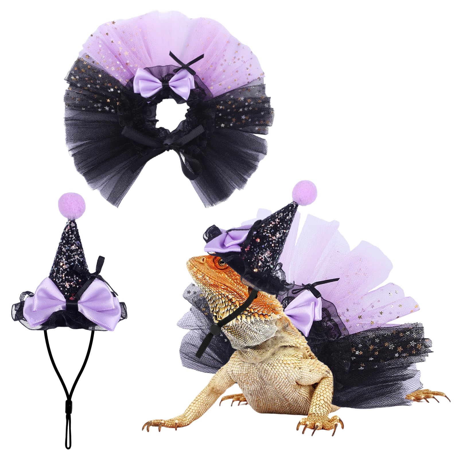 Fnaobai 2pcs Bearded Dragon Witch Costume Set Small Pet Adjustable Hat Bow Tutu Skirt Outfits for Lizards Guinea Pigs Bunny Ferrets for Celebrations Halloween Parties (Glitter Purple)