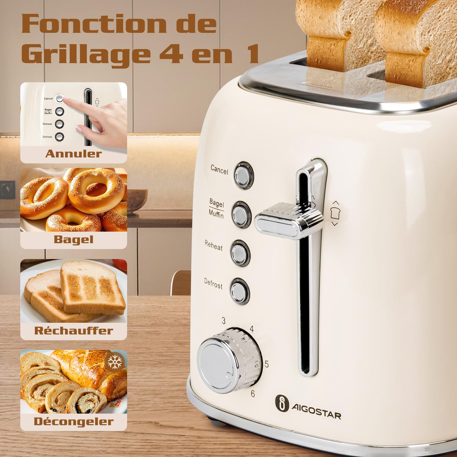 Aigostar Grille Pain, 2 Fentes Extra-Larges, Vintage Inox Crème, 6 Niveaux de Dorage, Fonction Bagel/Décongélation/Réchauffage/Annulation, Tiroir Ramasse-Miettes Amovible, 800W. Cream