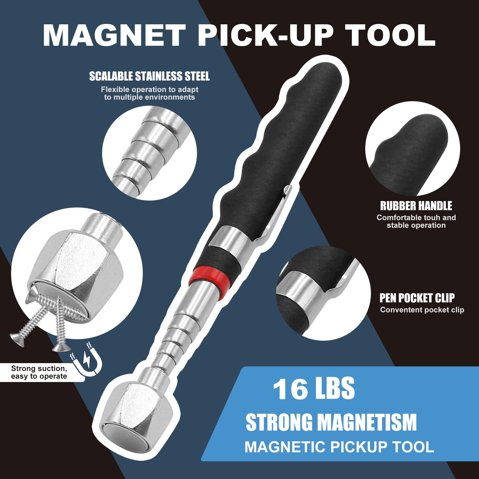 4 Piezas Recogedor Magnético Telescópico, Herramientas de Recogida Iman Flexible, Herramientas Magnéticas Telescópicas para recoger tornillos y tuercas y otros objetos metálicos (1.5LB 3LB 5LB 16LB)