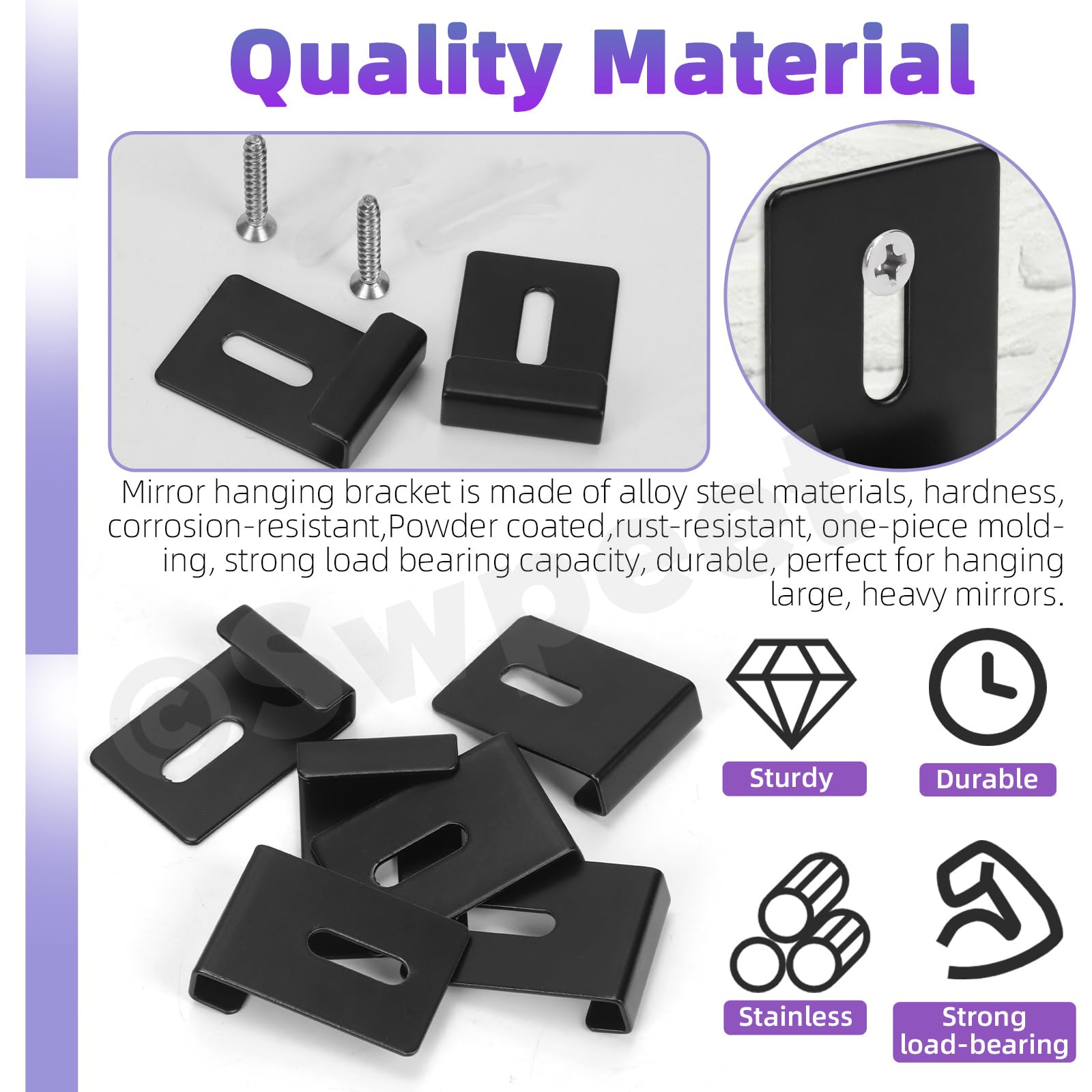 Swpeet 6 Sets Black Metal Mirror Clips Kit with Screws, Wide Channel Mirror Hanger Clip Kit - Image 3