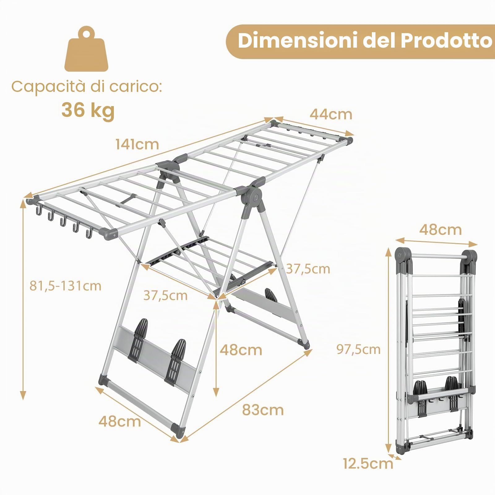 HOMASIS Stendibiancheria Pieghevole, Stendino Allungabile con Ali, Regolabile in Altezza, Stendino Verticale Salvaspazio con 21 Bastoni e 10 Supporti per Calze e 4 Portascarpe da Interni/Esterni