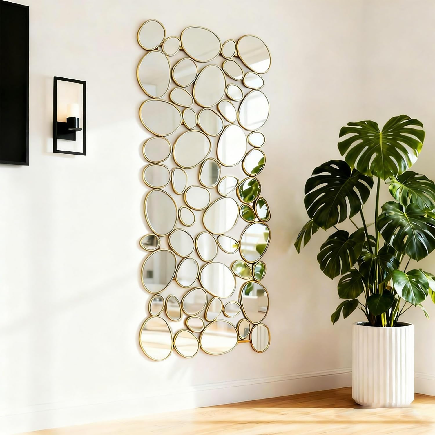 Gold Wall Mirrors Decorative - 51"x23" Large Modern Wall Mirror for Home Decor, 55 Pieces Multi-Size Pebble Design Metal Framed Accent Mirror for Entryway Bedroom Living Room Wall Art Decor