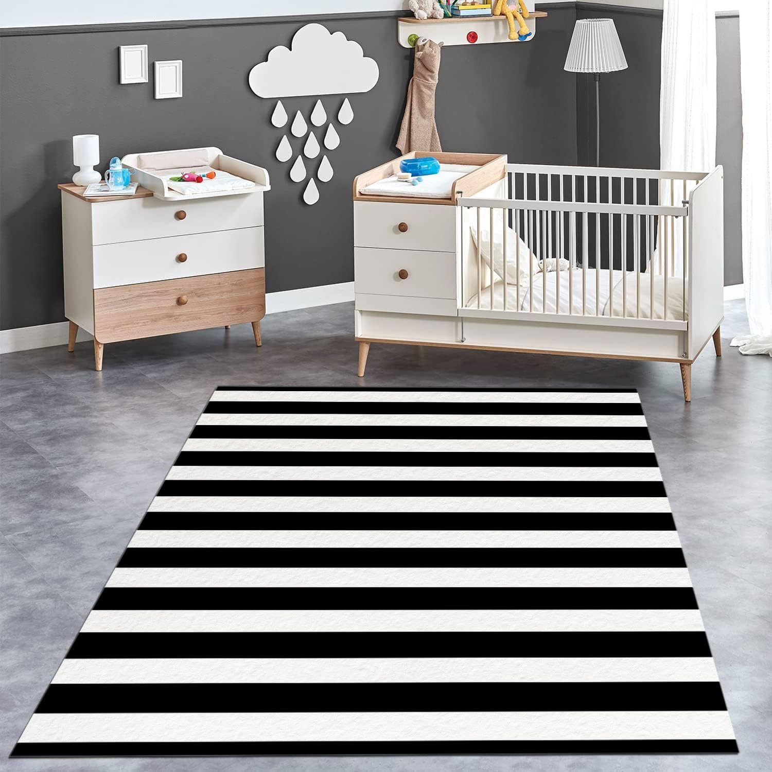 Czarno-biały dywan w paski 160 x 230 cm, można prać w pralce, przyjazny dla zwierząt domowych i dzieci, idealny do salonu, kuchni, sypialni, jadalni, dywan z krótkim włosiem