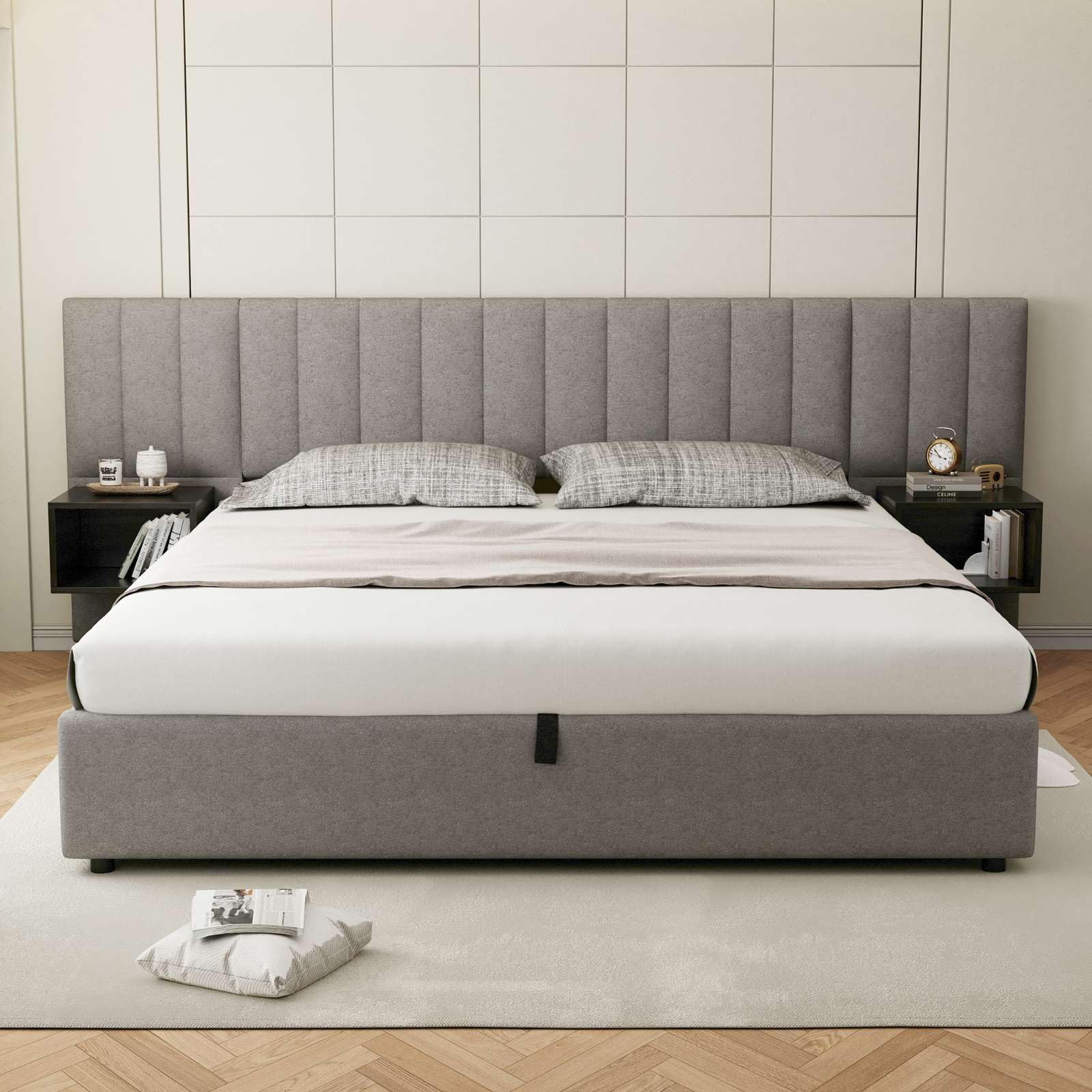 KOMHTOM Lit Double Rembourré avec 2 Tables de Nuit avec Espace de Rangement, Lit Coffre avec Tête de Lit, Cadre de Lit, Sommier à Lattes en Bois (180 x 200cm)