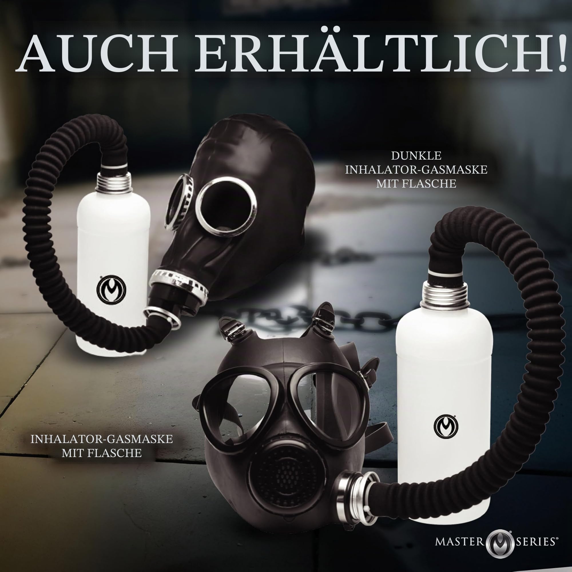 MASTER SERIES Dunkle Inhalator Gasmaske mit Flasche für Anfänger Männer Frauen Paare Einweg Atemventil Inklusive Schlauch und Aromaflasche 5 Stück Set Schwarz & Weiß