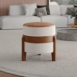 Puff Órion Banco Closet em Couro Caramelo Linho Bege Pés De Madeira Maciça