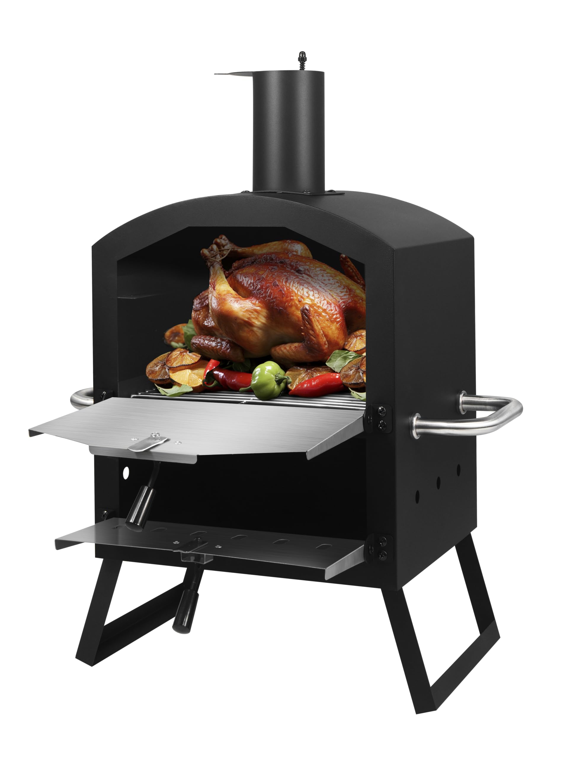 DMS® Germany Pizzaofen – mobiler Outdoor Holzofen Räucherofen - Pizzastein & Grillrost – Garten, Terrasse & Balkon – knusprige Steinofenpizza & Brot wie aus dem Holzbackofen - Kohle-/Pellets -PM-3000