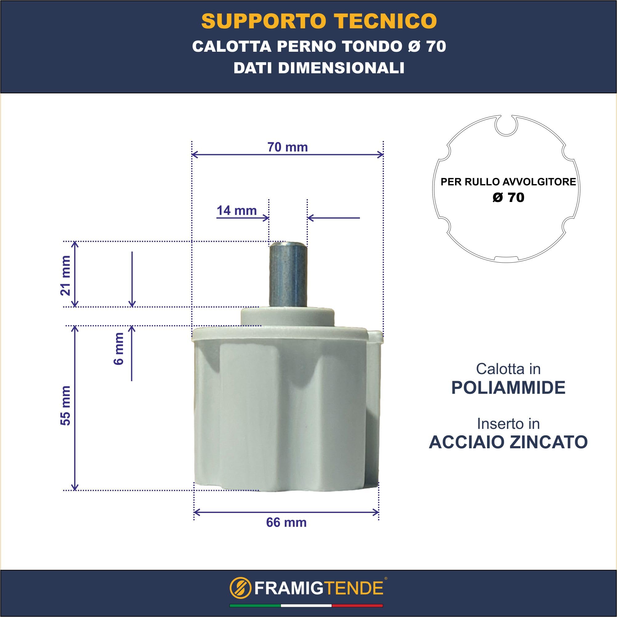 FRAMIG® Calotta Perno Tondo di ricambio per Tenda da Sole Ø 70 mm