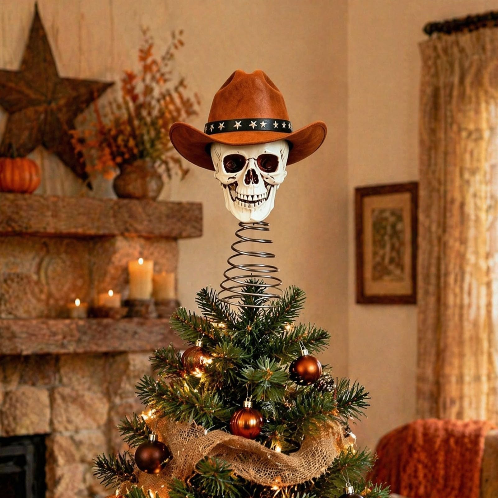 Quoravel Gothic Skull Tree Topper with Cowboy Hat, Vintage Western Skeleton Ornament for Halloween, Spooky Christmas Tree Top Decoration Brown