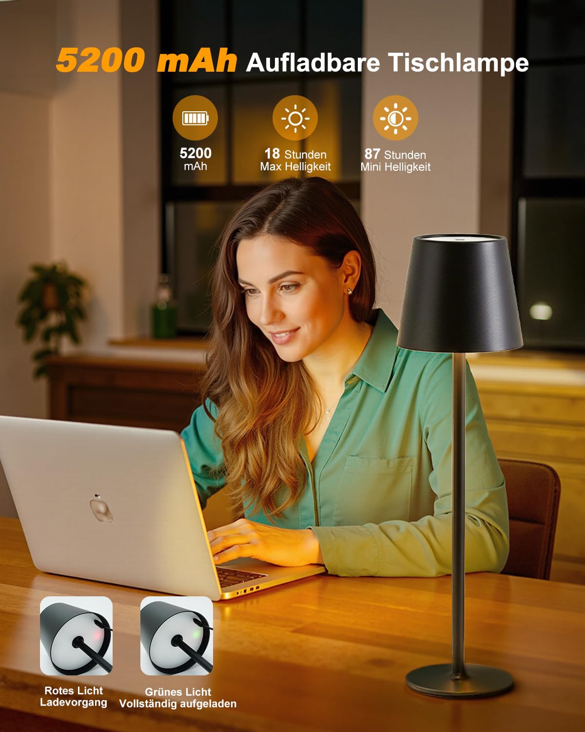 Bonsery Lot de 2 lampes de table LED sans fil - 5200 mAh - En métal - Avec 3 couleurs de lumière à intensité variable - Lampe de chevet portable - Étanche - 2 hauteurs (24 cm/37,5 cm) - Pour table à