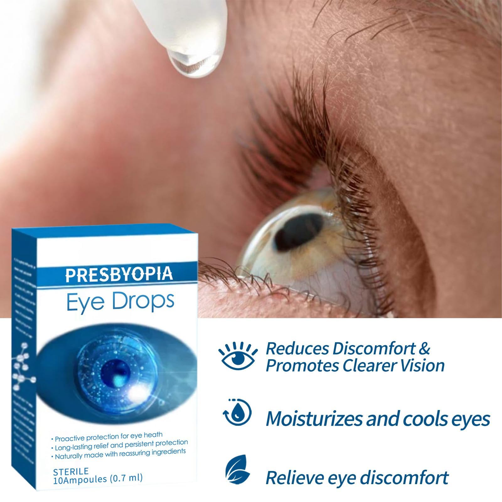 Gouttes oculaires réparatrices pour la presbytie, améliorent la vision, hydratent et apaisent les yeux, équilibrent le pH, nourrissent les yeux