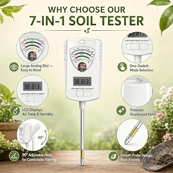 2026 Soil Tester, 7-in-1 Soil Test Kit for Moisture, pH, Fertility, Temperature, Humidity and Light, Digital Soil Meter for Garden, Lawn, Farm, Indoor and Outdoor