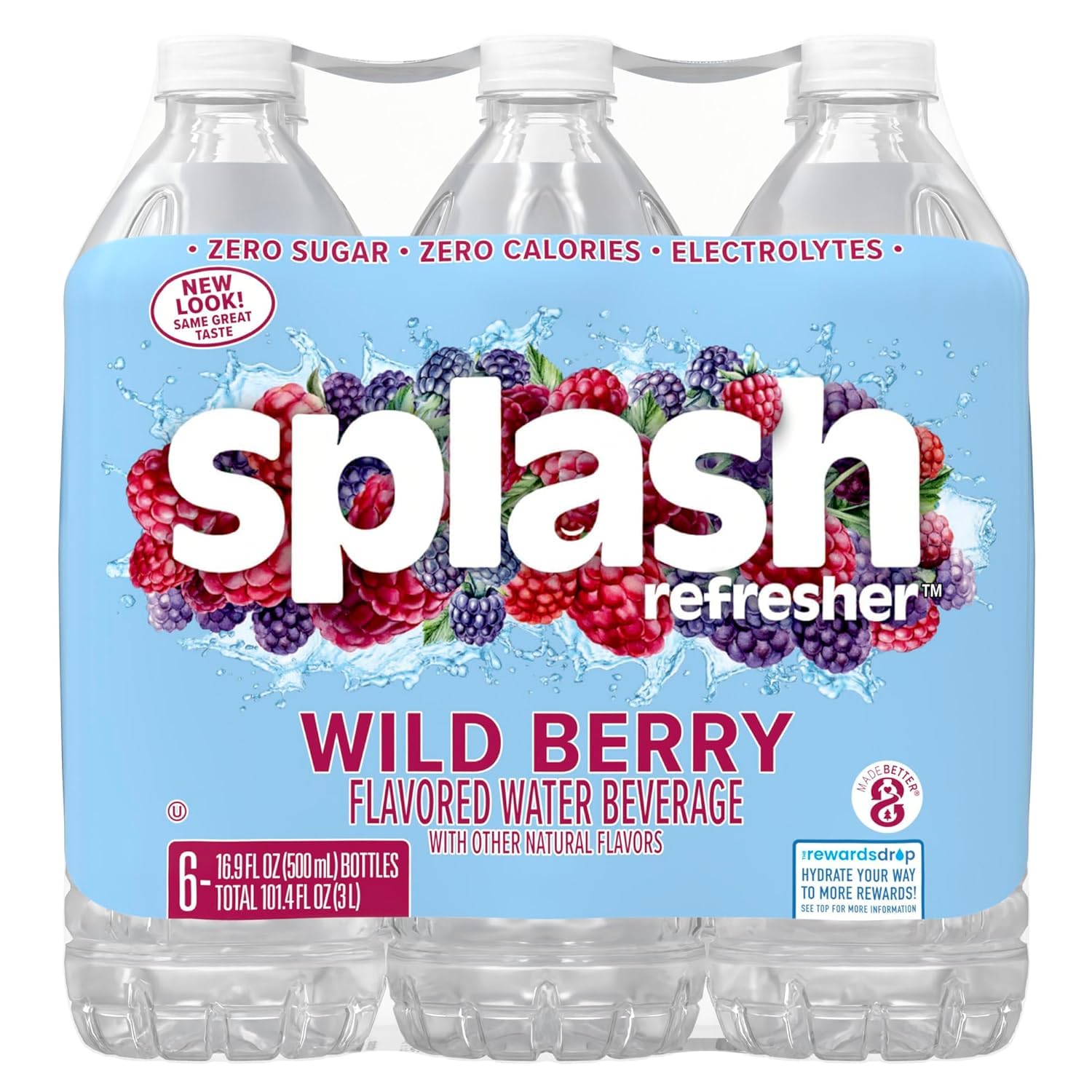 SPLASH REFRESHER Wild Berry Flavored Water, Zero Sugar, with Electrolytes, 16.9 Fl Oz, 6 Pack