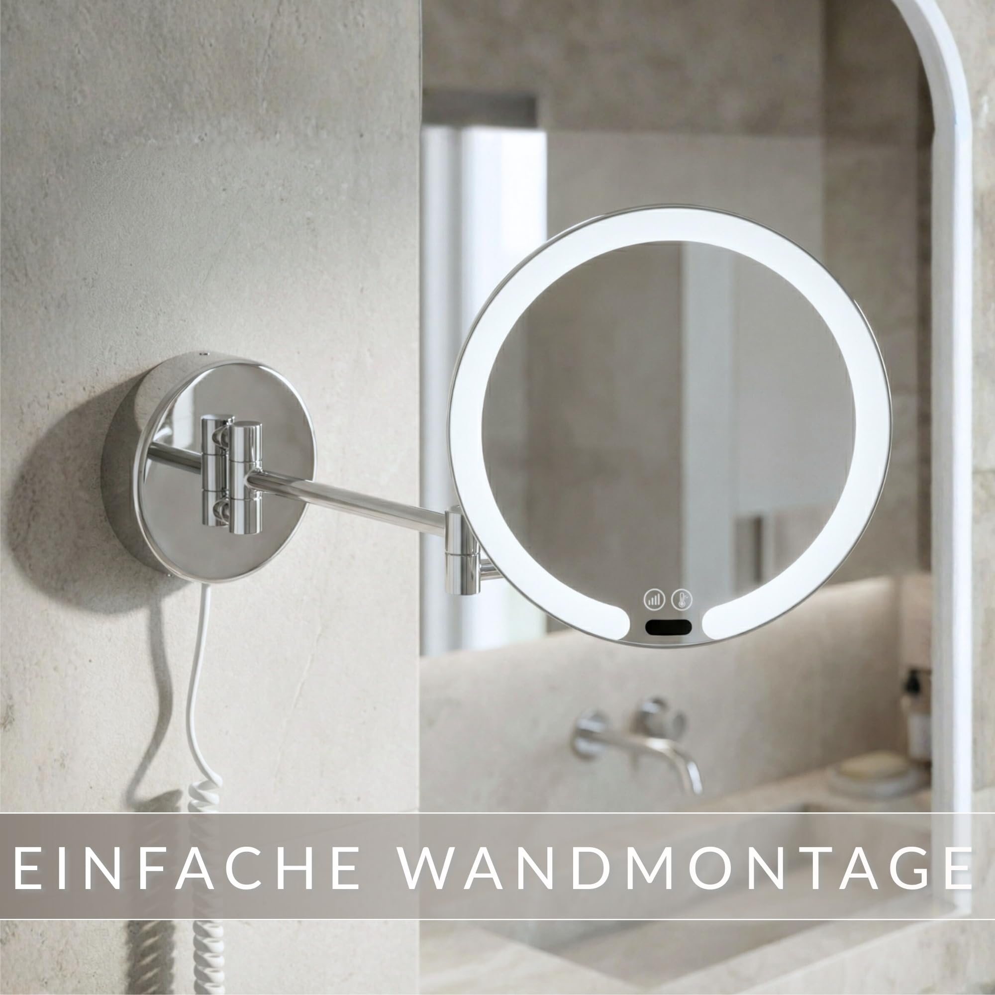LED Kosmetikspiegel Vittoria – 7-facher Vergrößerungsspiegel mit Sensor & Dimmer – runder Schminkspiegel mit automatischer LED-Beleuchtung, ausziehbarem Gelenkarm & weißem Kabel, Wandmontage