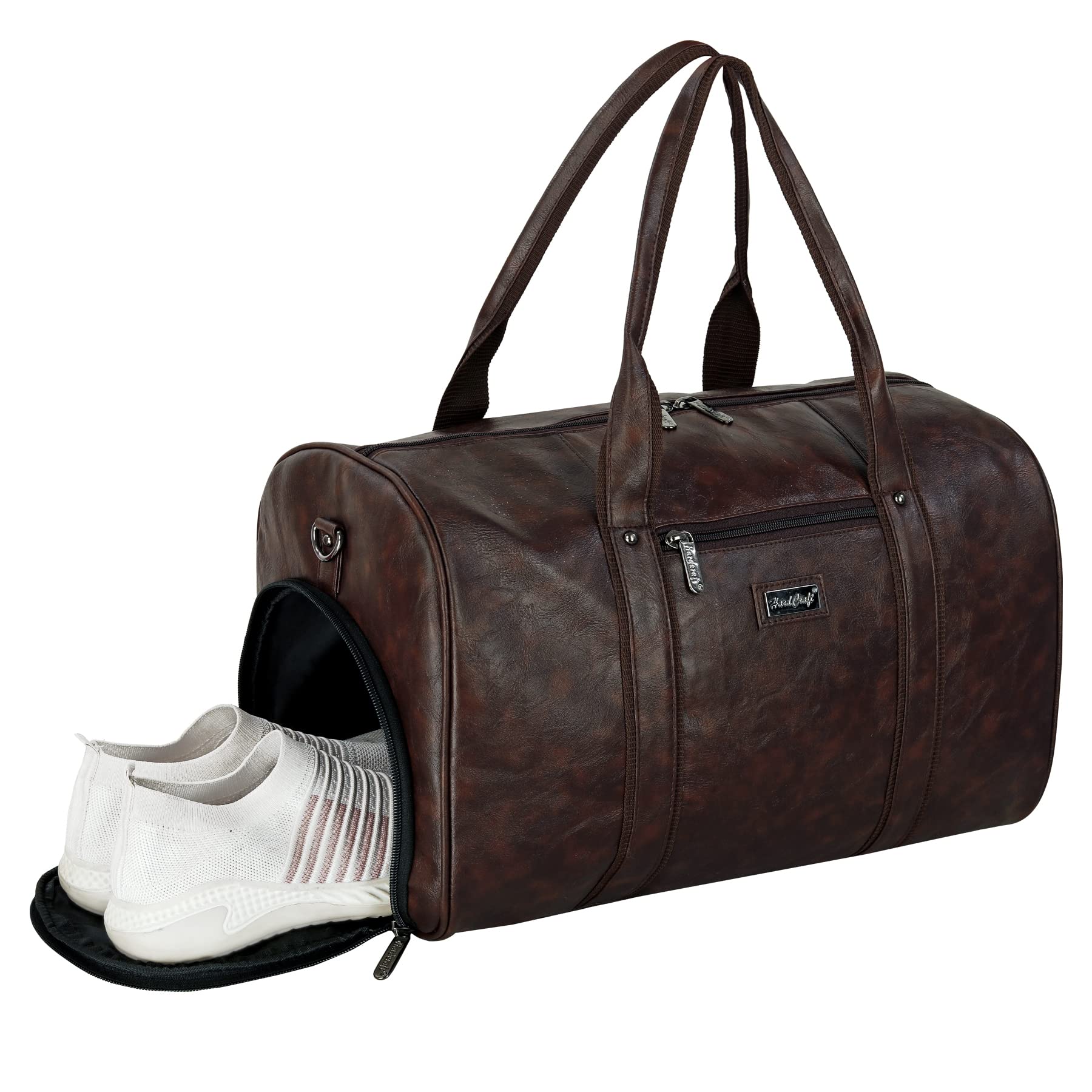 Square Textured PU Leather Stylish Duffle Bags Cabin Size Airline Friendly 35L Luxury Medium Size Travel Duffel Bag for Men and Women Rust (Brown)-image-6