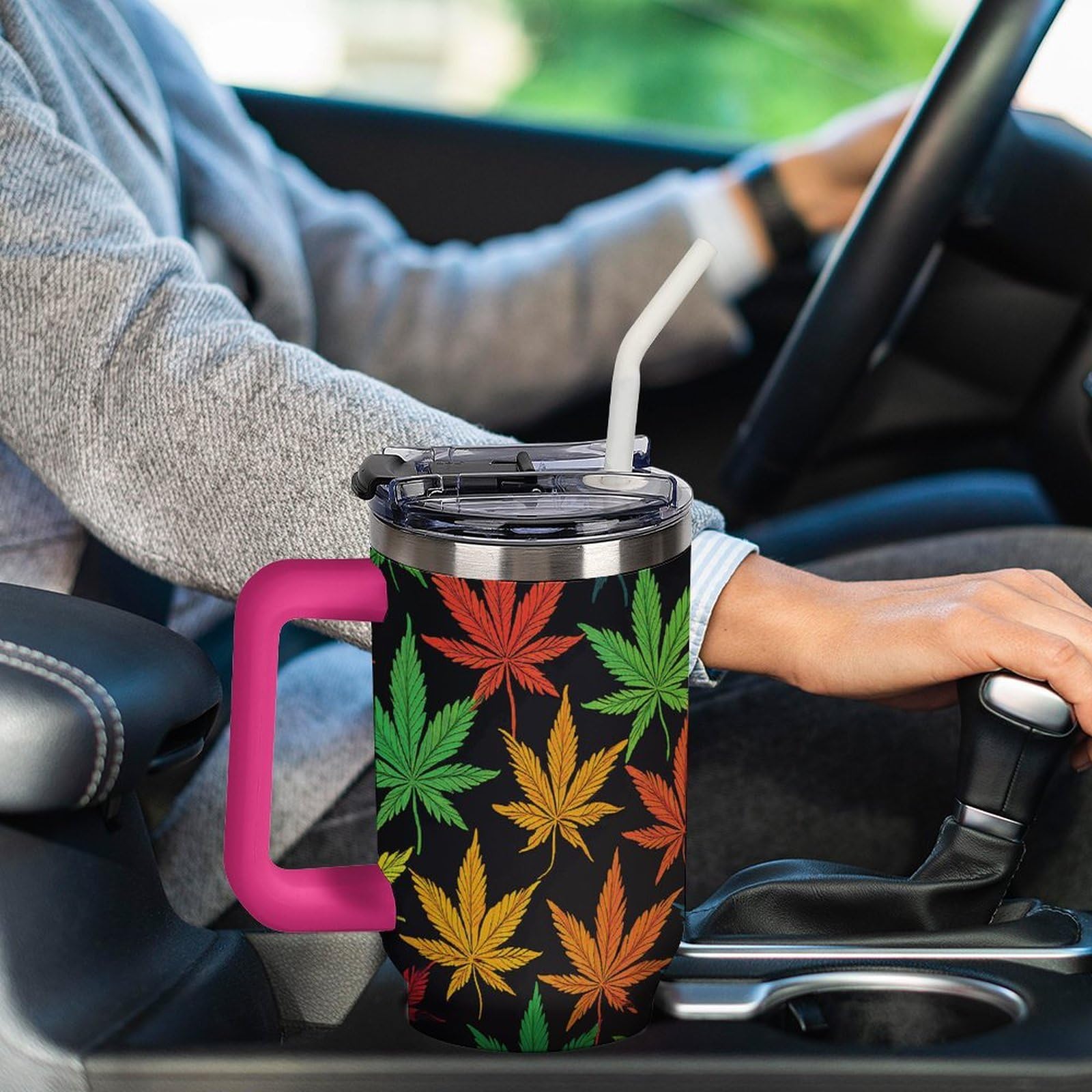 Autobecher aus 304 Edelstahl, bunt, mit Strohhalm und auslaufsicherem Deckel, großes Fassungsvermögen, vakuumisolierter Reisebecher für Auto-Becherhalter, 1,2 l