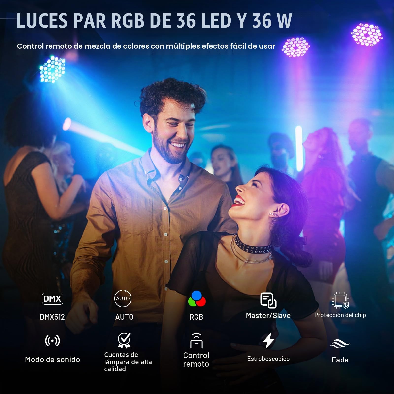 Paquete de 4 luces LED para escenario, 36 W, RGB DJ | con reproducción automática activada por sonido por control remoto y control DMX, luces ascendentes para, bodas, fiestas