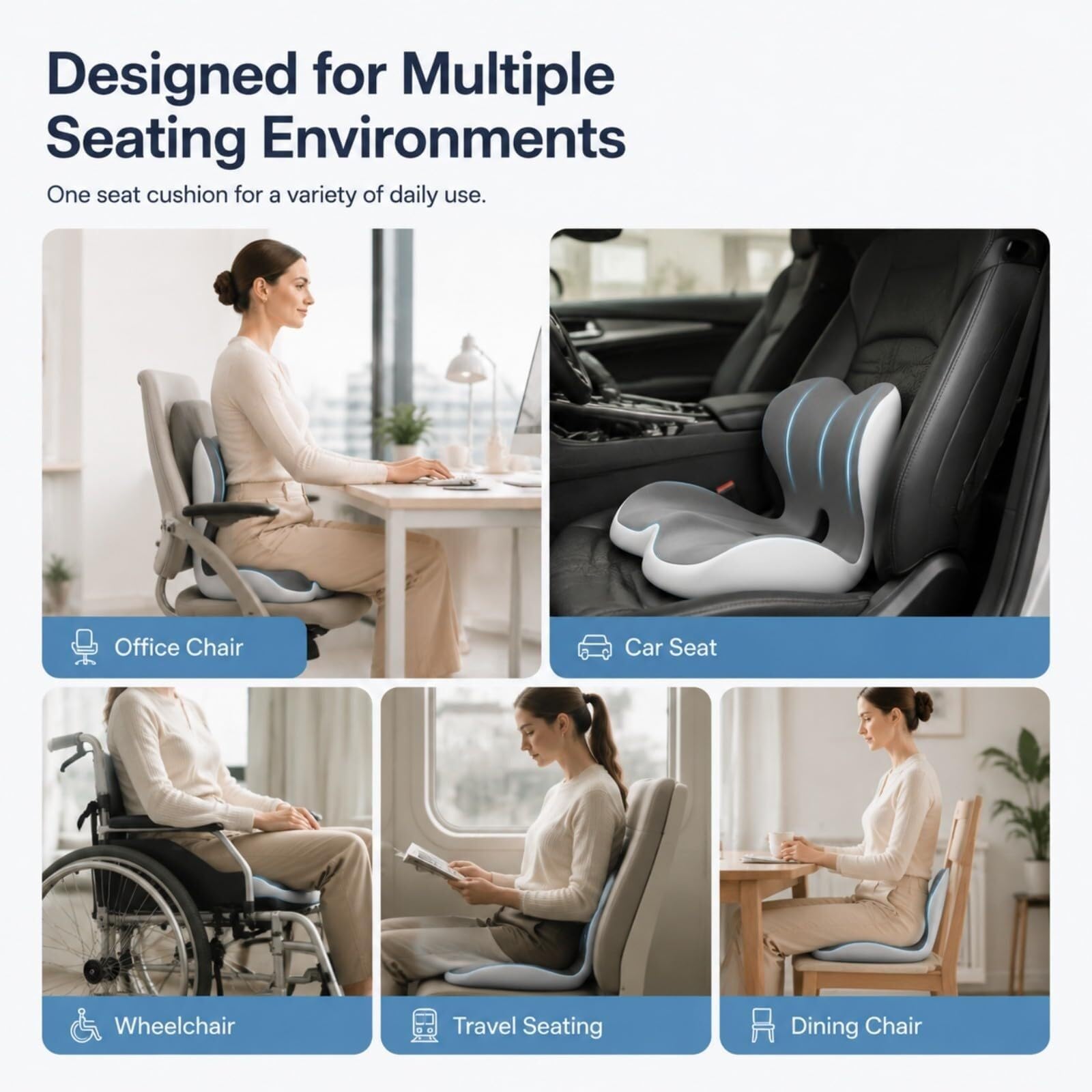 Cojín ergonómico de espuma viscoelástica para silla de oficina, cojín de apoyo para el coxis con base antideslizante (beige)