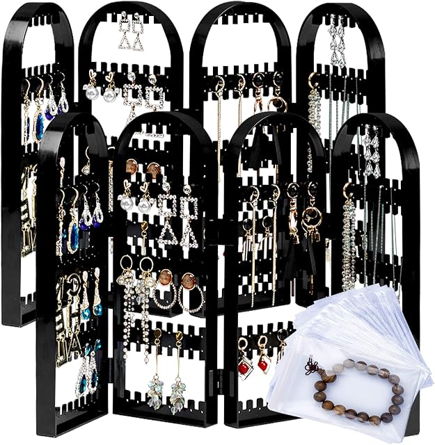 Earring Holder,Jicyor Acrylic Jewellery Organiser 4 Doors 240 Holes Foldable Jewellery Rack with 20 Jewelry Bags Black Hanger Box for Jewlery Storage