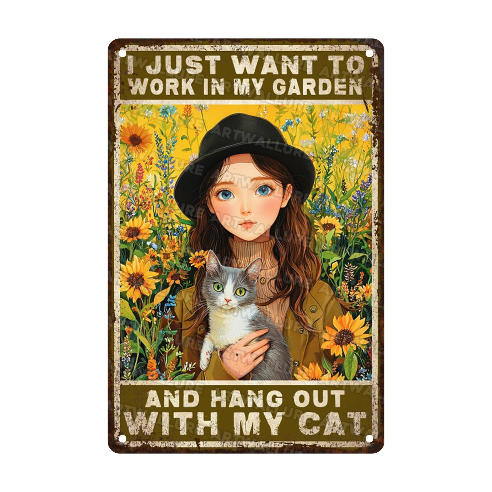 Garden Sunflower Vintage Metal Sign I Just Want To Work In My Garden and Hang Out With My Cat Retro Metal Poster Art Decor for Home Fence Porch Decoration 8x12inch