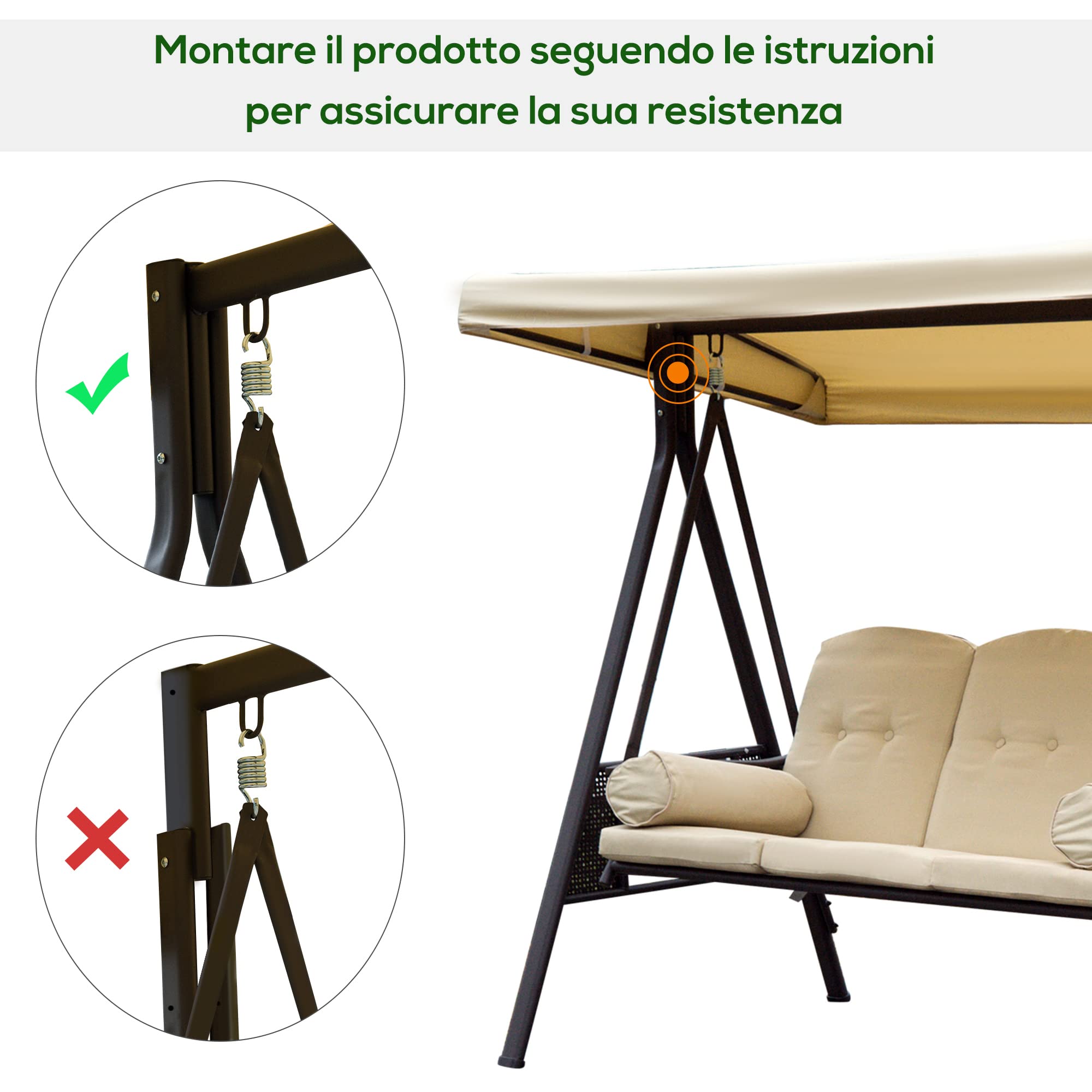 Outsunny Dondolo da Giardino 3 Posti in Metallo con Tetto Inclinabile e Cuscini Imbottiti 280x120x172cm, Beige