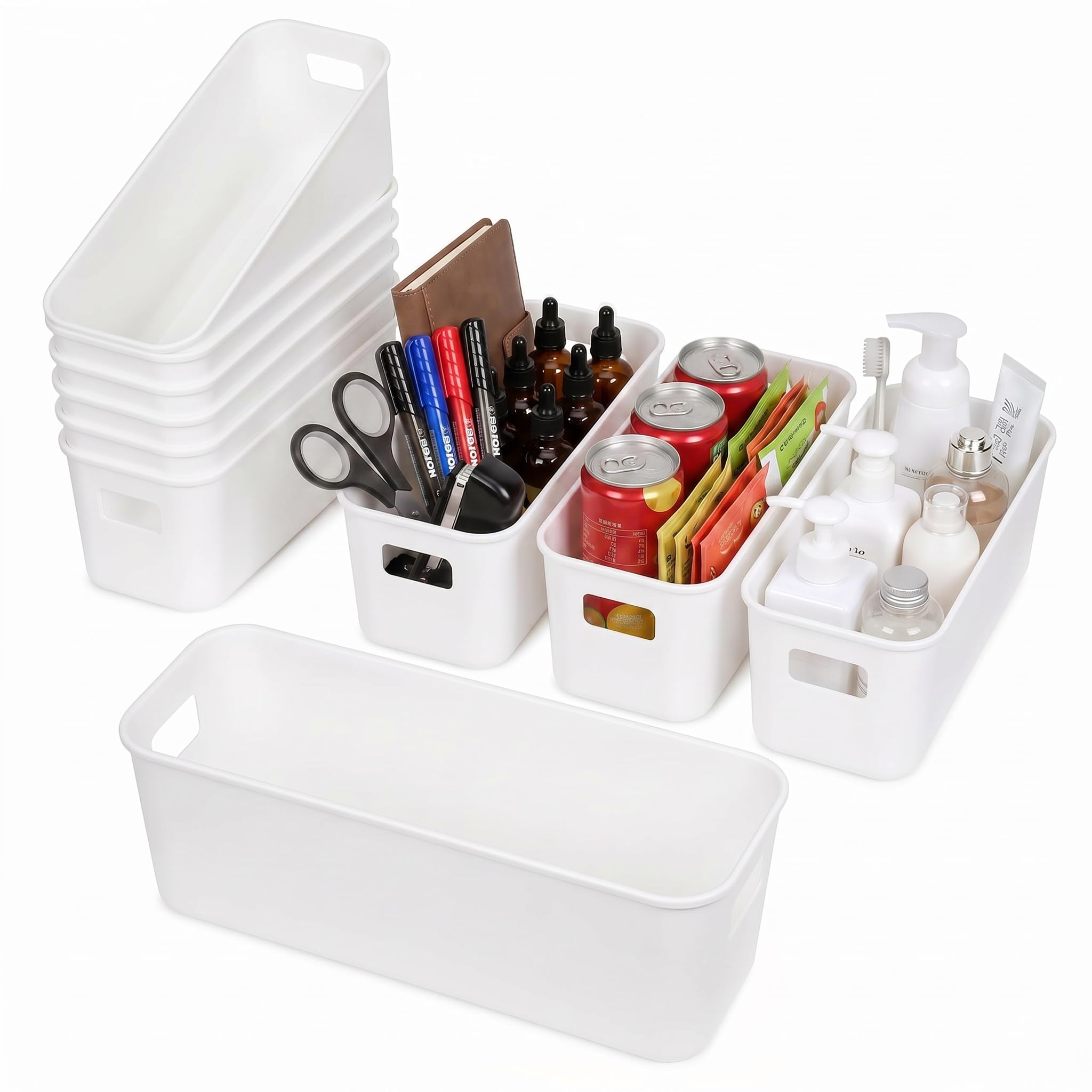 Narrow Storage Box, 10PCS Plastic, Handle, White Rectangle,26x8x9 cm