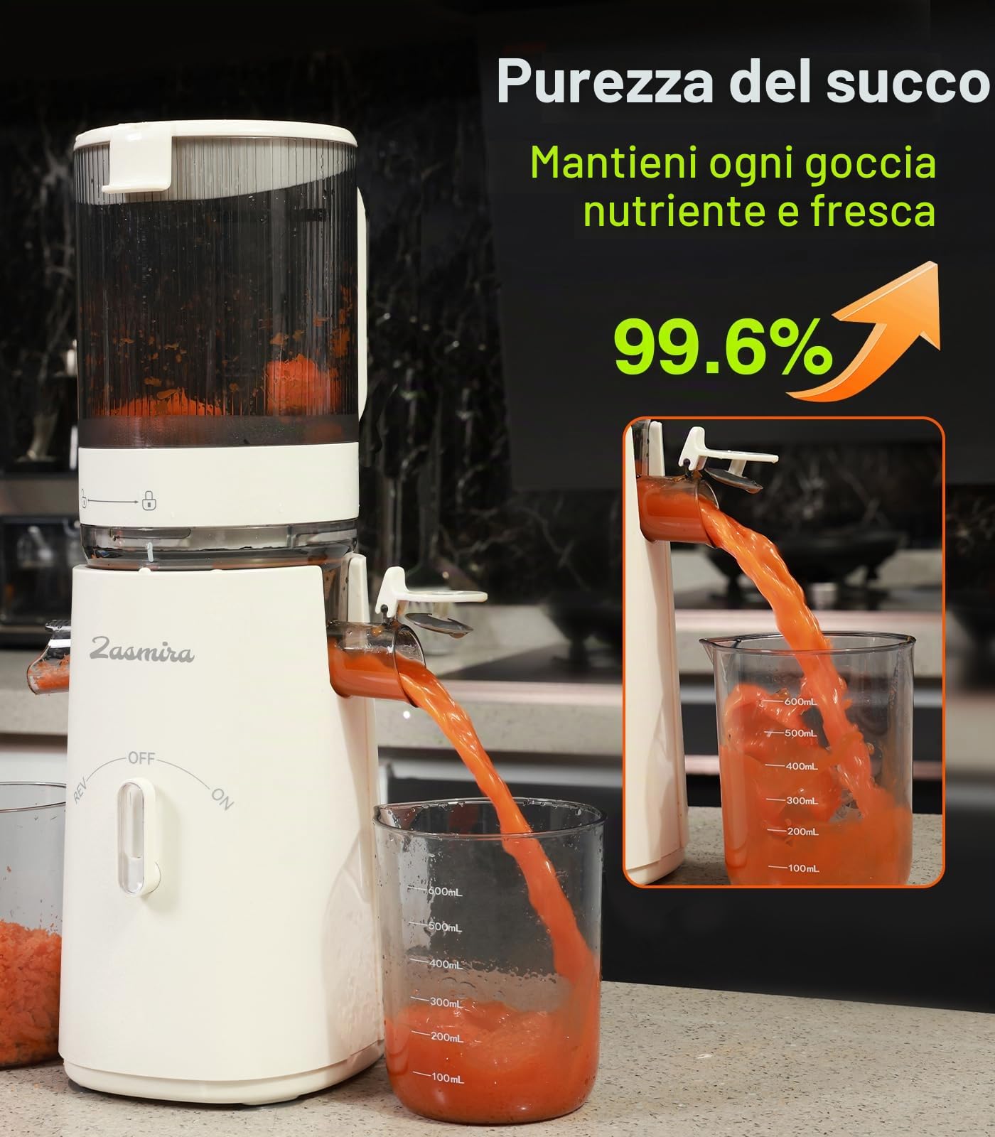 Slow Juicer, Zasmira Spremiagrumi più recente per verdure e frutta con orifizio di carico largo 120 mm, Alte rese di succo per verdure e frutta intere, Facile da pulire