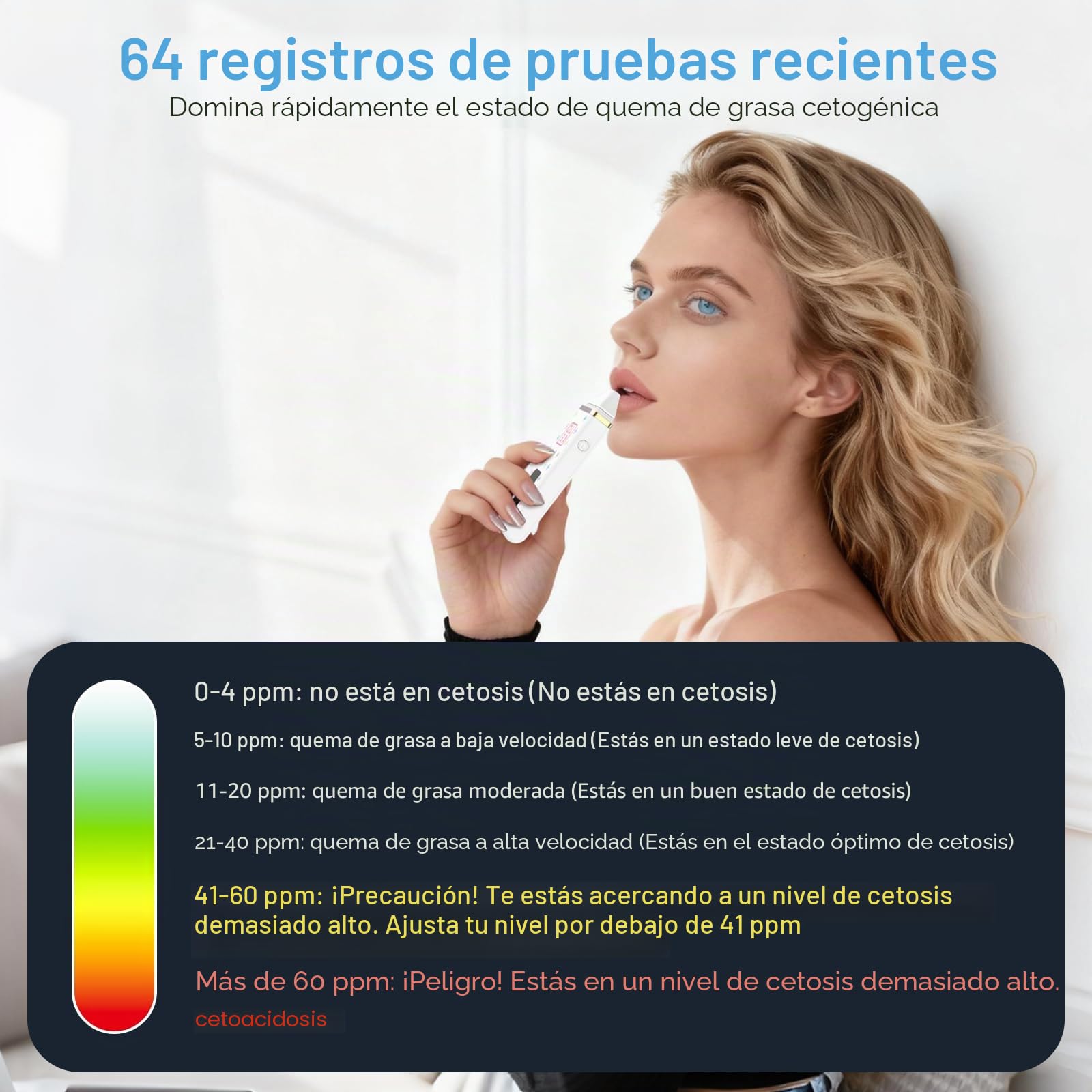 Medidor de aliento de cetona de última generación con memoria de 64 lecturas, analizador de cetonas recargable para rastrear tendencias de cetosis, probador de aliento de acetona portátil para dietas