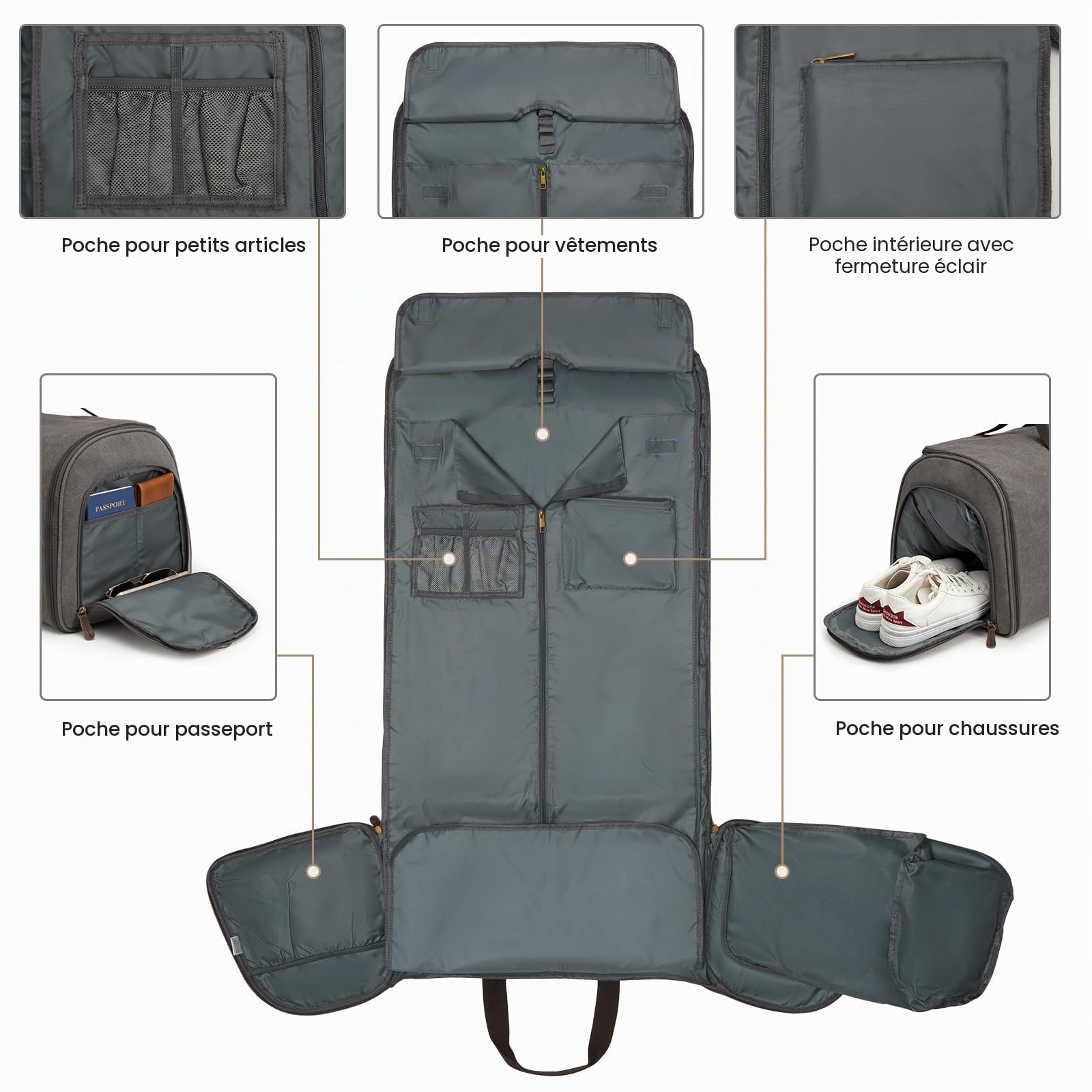 S-ZONE Homme Convertible 2 en 1 Sac à Vêtements avec Trousse de Toilette Toile Sac de Costume pour Les Voyages Courts Séjours Rangement pour Les Voyages d'affaires