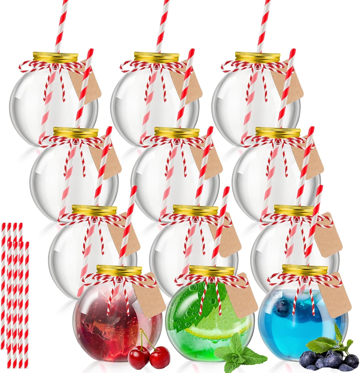 Yaomiao 12 Pcs 16 oz Christmas Ornament Cups for Drink Empty Plastic Clear Fish Bowl with Lids and Straws Spherical Bottles Bulk for Holiday Cocktails Fishing Party Decorations Candy Gift