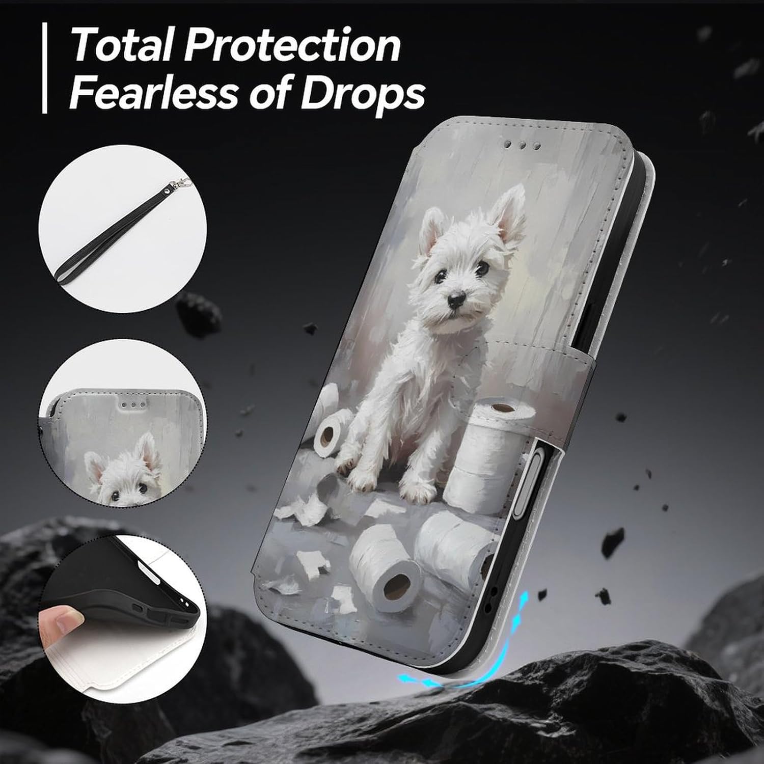 White Terrier Puppy Sitting on The Bathroom Compatible with iPhone 16/16 Plus/16 Pro/16 Pro Max/16 E Case Phone Wallet Card Holder Flip Cover with Wrist Strap