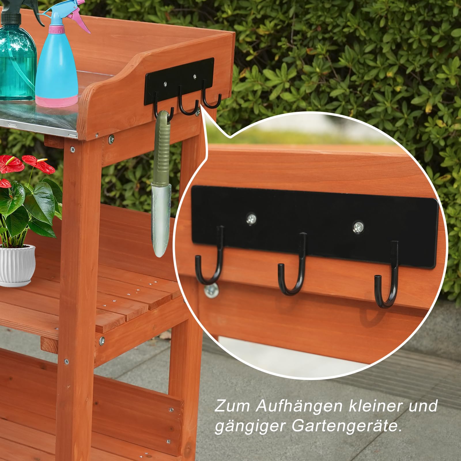 Pflanztisch aus Holz mit 3 Ablagen, Gartentisch mit Metallablage und Werkzeughaken, Orange