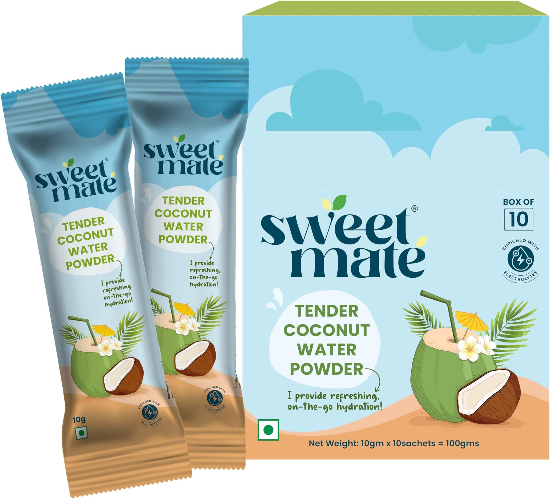 SweetmateCoconut Water Powder Premix - 10 Sachets | Real Tender Coconut Water | Natural Sugar Free Drink with Electrolytes for Instant Energy | Nariyal Paani for Daily Hydration & Healthy Skin