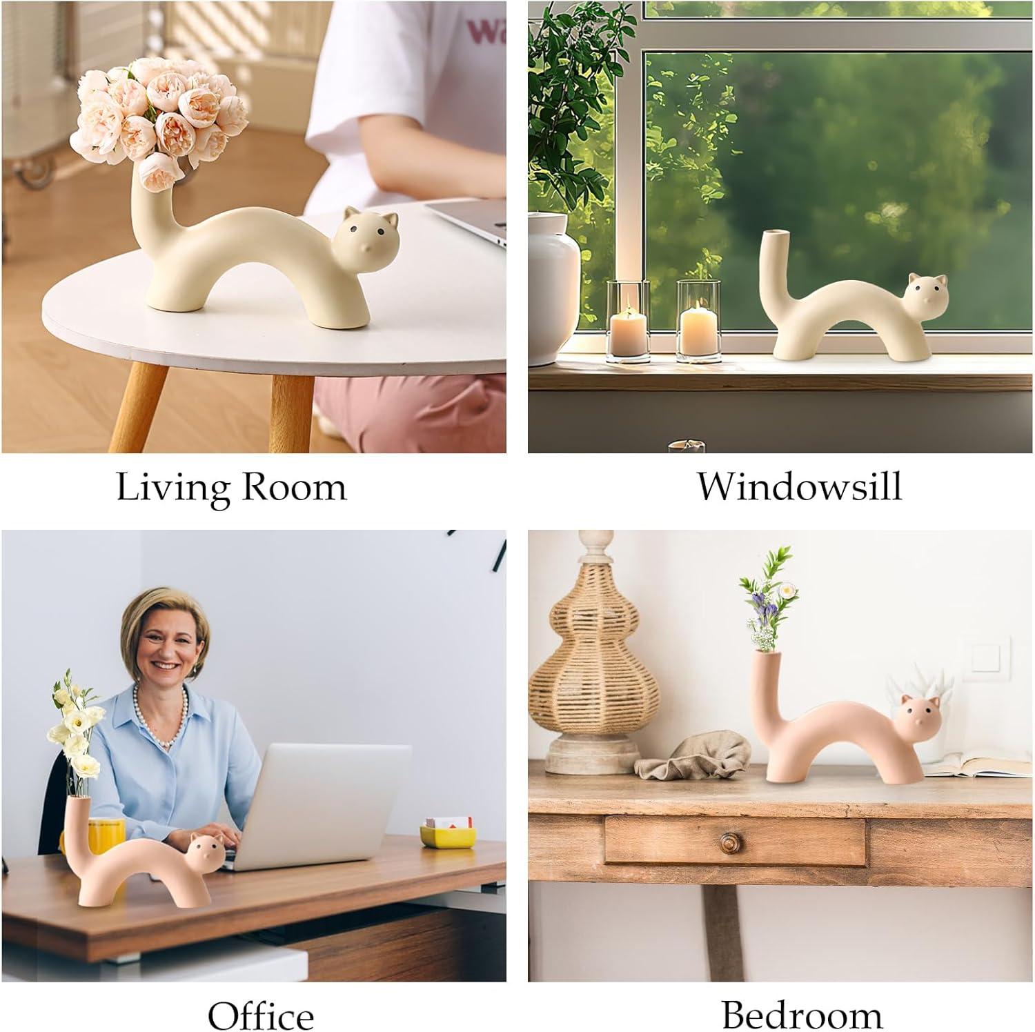 Cute Cat Shaped Ceramic Vase – Ideal for Living Room, Office, Study & Coffee Table Decor, Creative Floral Ornament, Unique Home Decoration to Elevate Your Space (White)