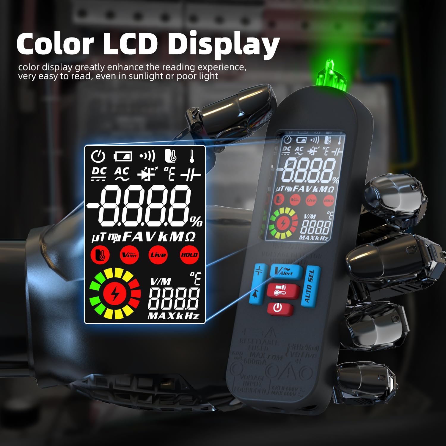 BSIDE Rechargeable Digital Multimeter Electrical Amp Tester Color LCD 6000 Counts Automatic Smart Voltmeter VFC Capacitance Diode AC DC Current Continuity Voltage Tester with Carrying Case