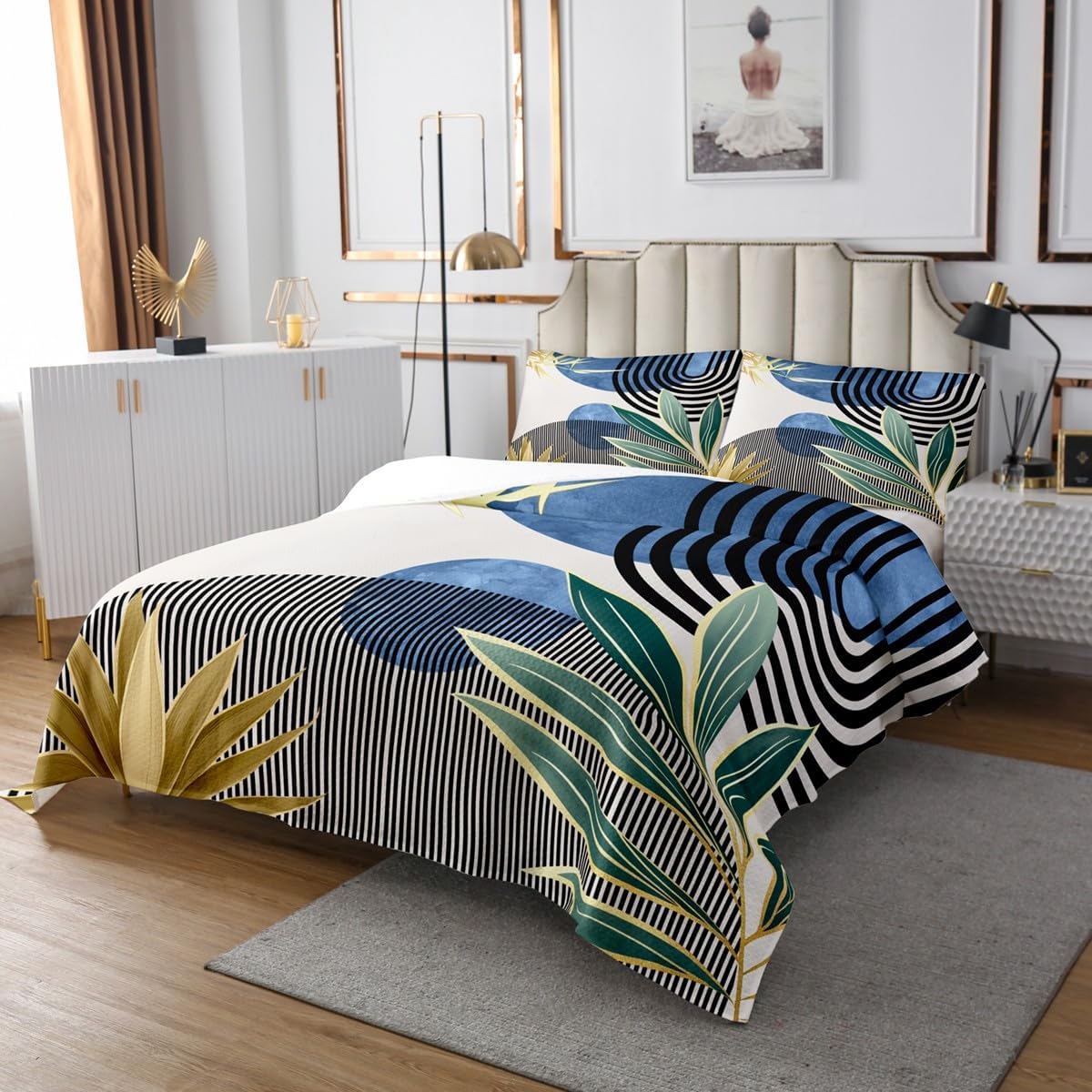 Erosebridal Mid Century Modern Quilt Set Queen Modern Boho Bedspread Set,Abstract Minimalist Art Bedspread Sets Arch Curve Leaves Aesthetic Coverlet Set,Blue Green Room Decor
